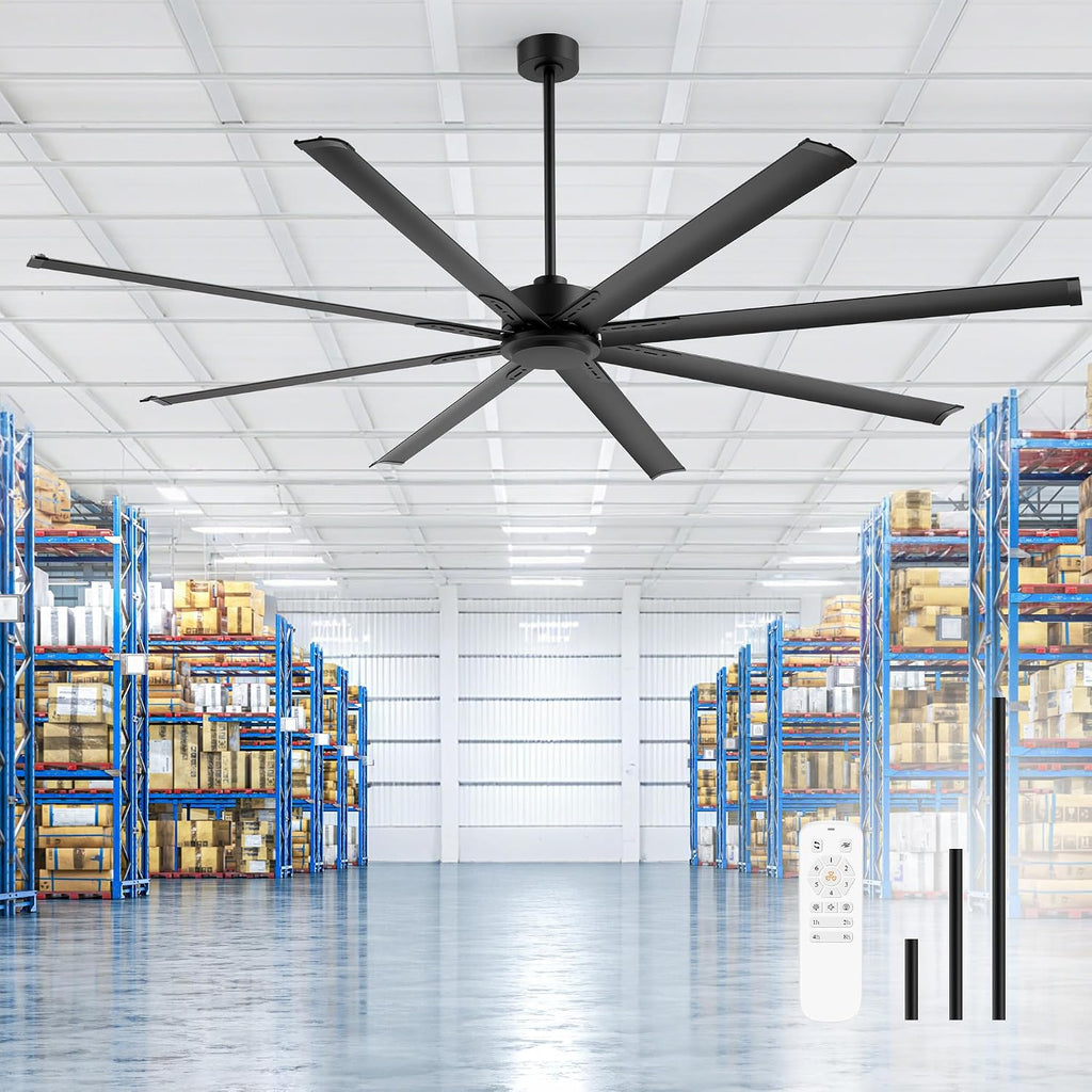 84' Industrial Large Ceiling Fan No Light Remote Control, 8 Aluminum Blades, 6-Speed Reversible DC Motor, 3 Downrods, Commercial Ceiling Fans Without Light for Warehouse Porch Garage Shop Gym, Black