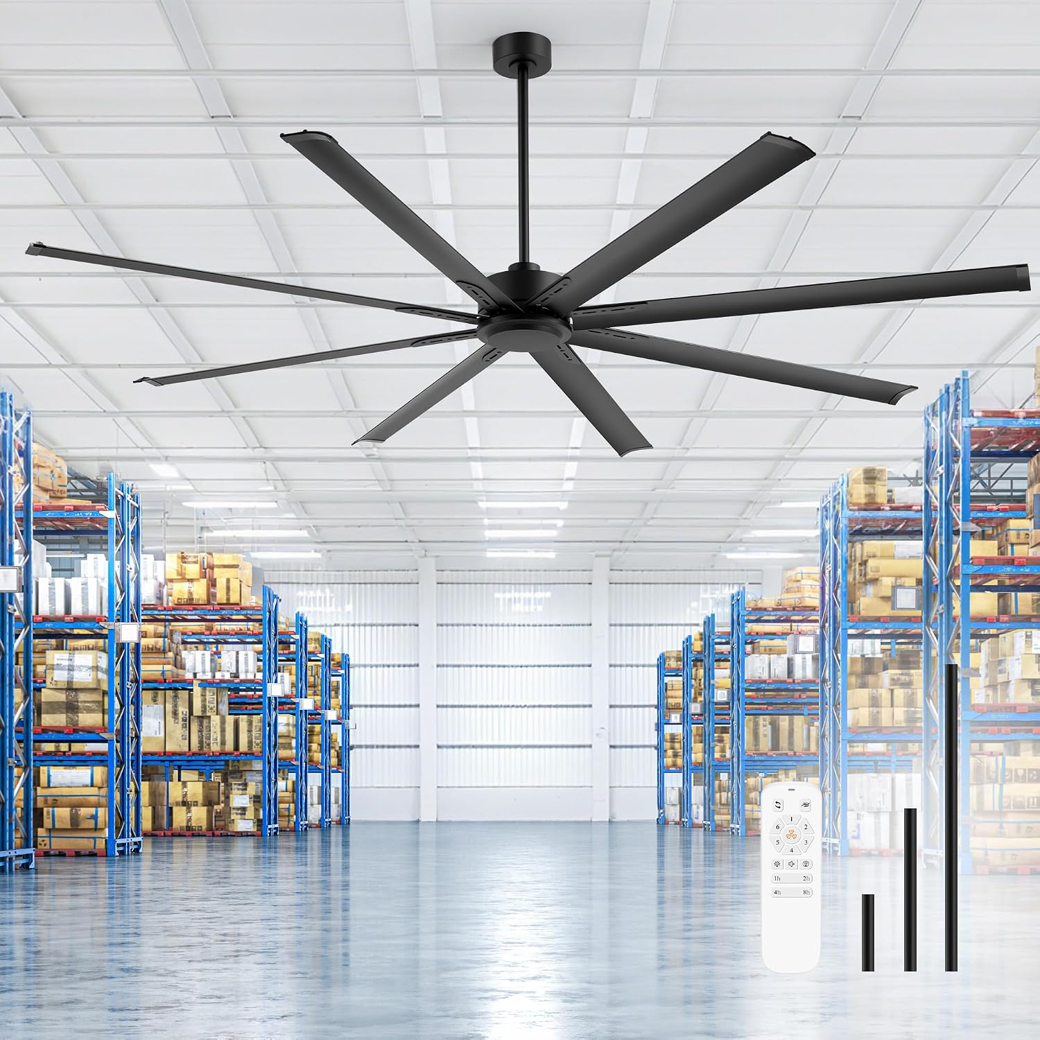 84' Industrial Large Ceiling Fan No Light Remote Control, 8 Aluminum Blades, 6-Speed Reversible DC Motor, 3 Downrods, Commercial Ceiling Fans Without Light for Warehouse Porch Garage Shop Gym, Black