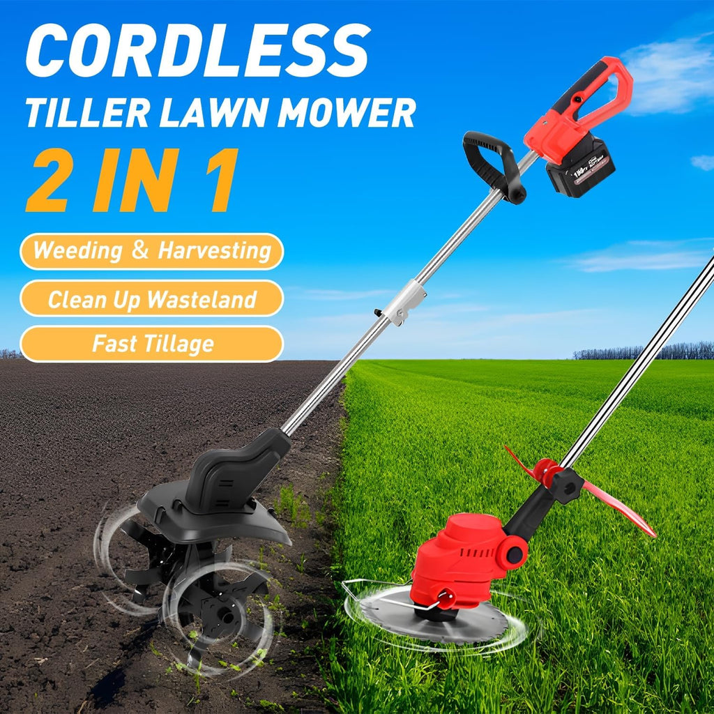 Cordless Hand Held Cultivator Tiller, 21V Electric Garden Tiller, Electric Garden Tiller, Battery Powered Cordless Tiller, with Steel Tines, for Orchard, Farm, Garden,2×4AH