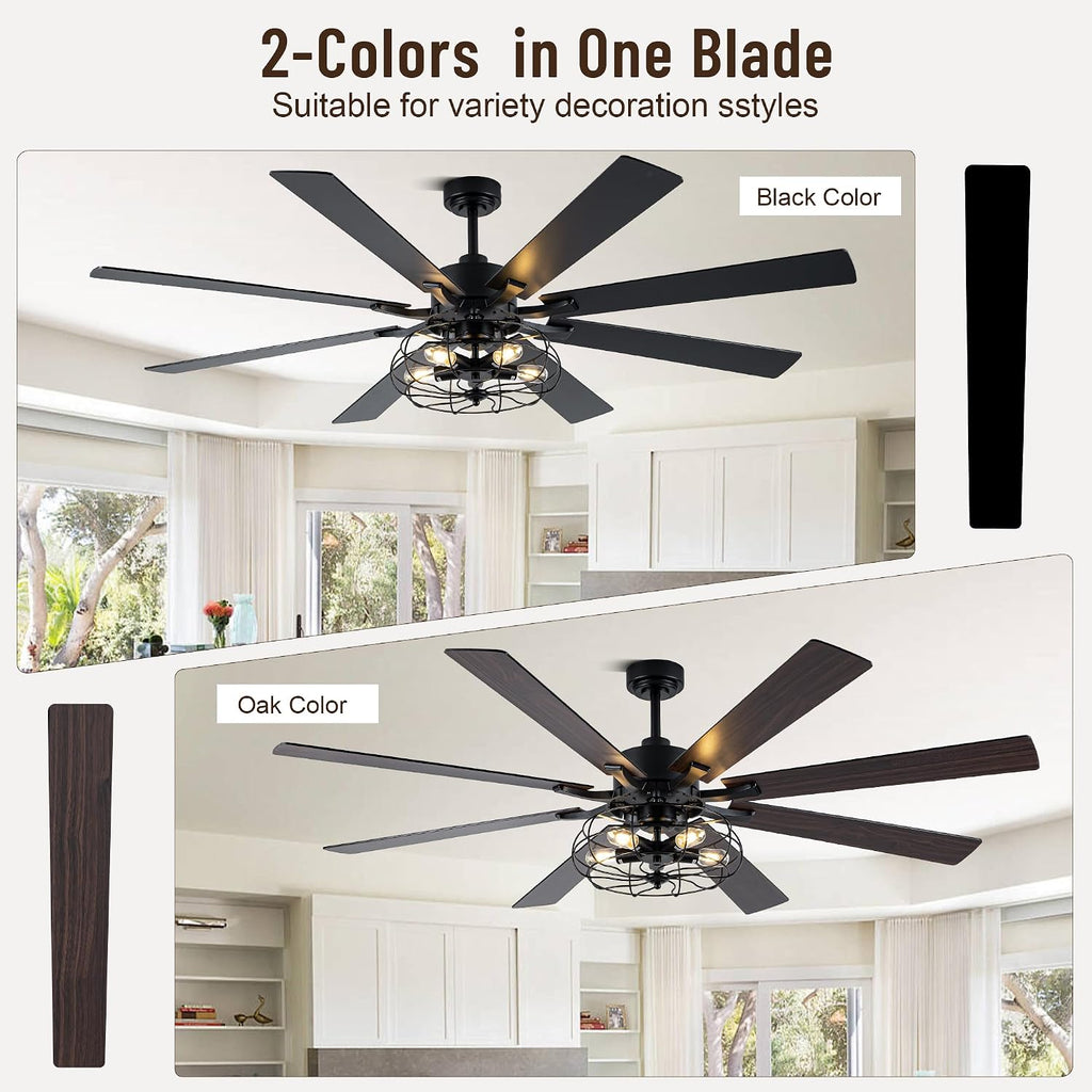 72' Industrial Ceiling Fan with Light,8 Blades DC Motor Farmhouse Cage Ceiling Fan,6 Speed Reversible Quiet Ceiling Fan with Remote Control for Patio Living Room Bedroom