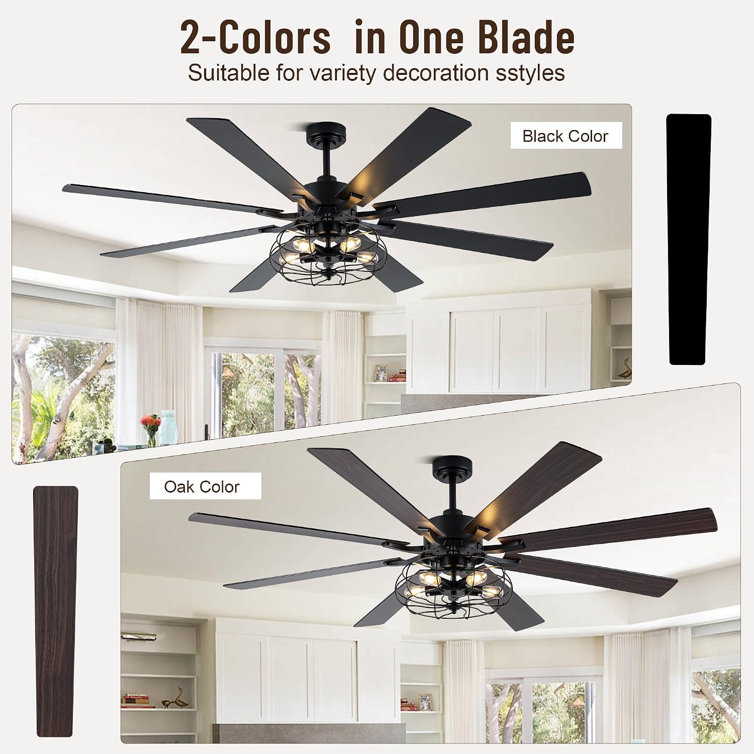 72' Industrial Ceiling Fan with Light,8 Blades DC Motor Farmhouse Cage Ceiling Fan,6 Speed Reversible Quiet Ceiling Fan with Remote Control for Patio Living Room Bedroom