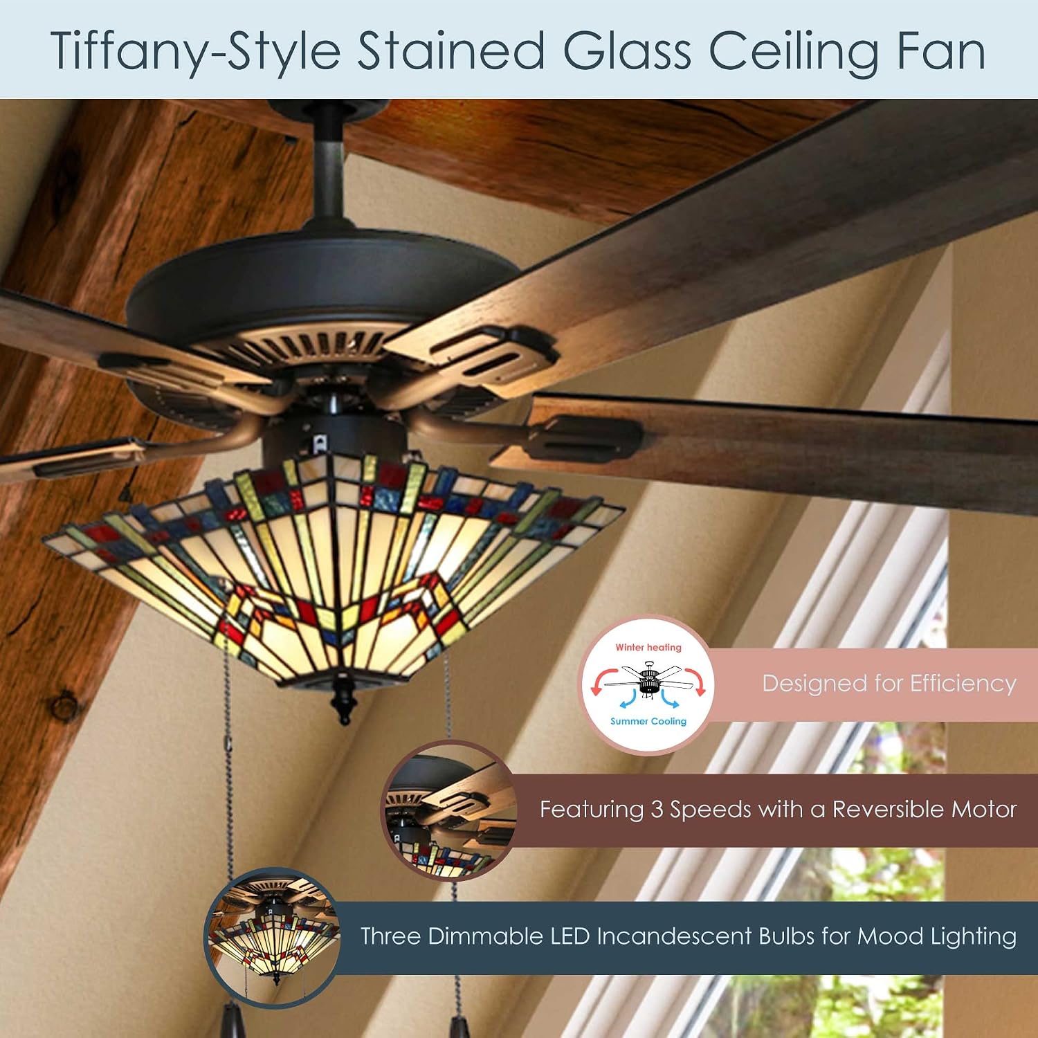 RIVER OF GOODS 52 Inch Craftsman LED Ceiling Fan with Lights - Tiffany-Style Stained Glass Ceiling Light Fixture - Elegant Chandelier Fans with Lights and Remote