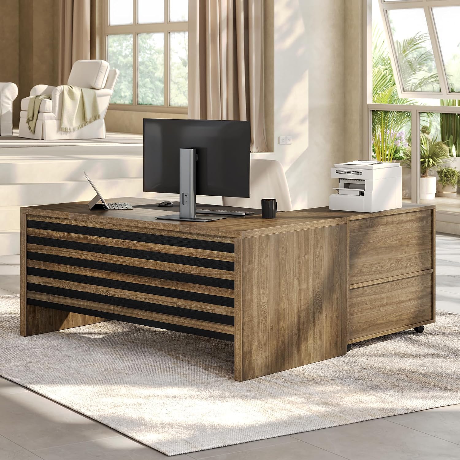 LITTLE TREE L-Shaped Computer Desk with File Cabinet Combo, 63-Inch Office Desk, 31-Inch Filing Cabinet with Storage & Drawer for A4/Letter/Legal Size File, Large Business Furniture for Home Office