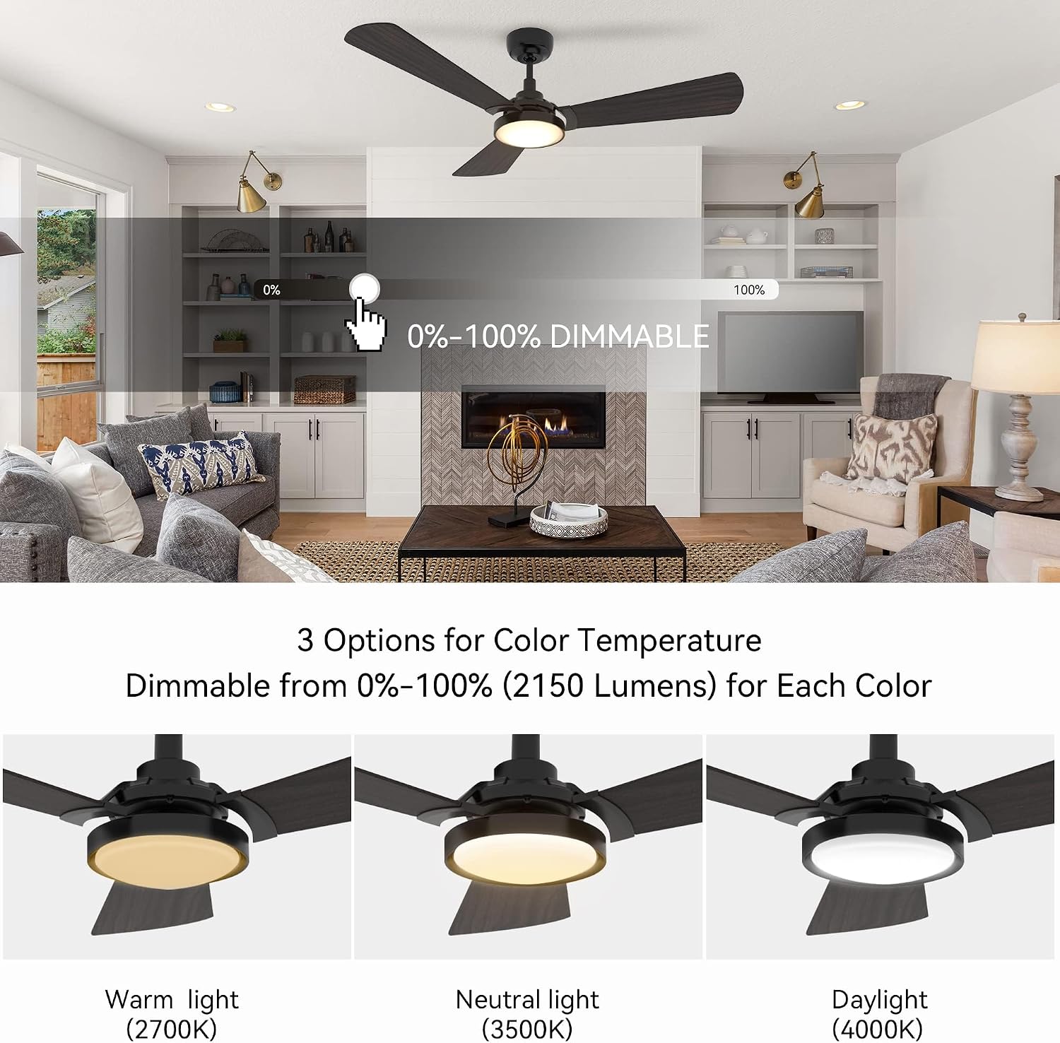 SMAAIR 56' Outdoor Smart Ceiling Fan with Lights and Remote Control, Compatible with Alexa/Google Home/Siri, Dimmable LED Light and 10-speed DC Motor (56 INCH, Black & Dark Walnut)