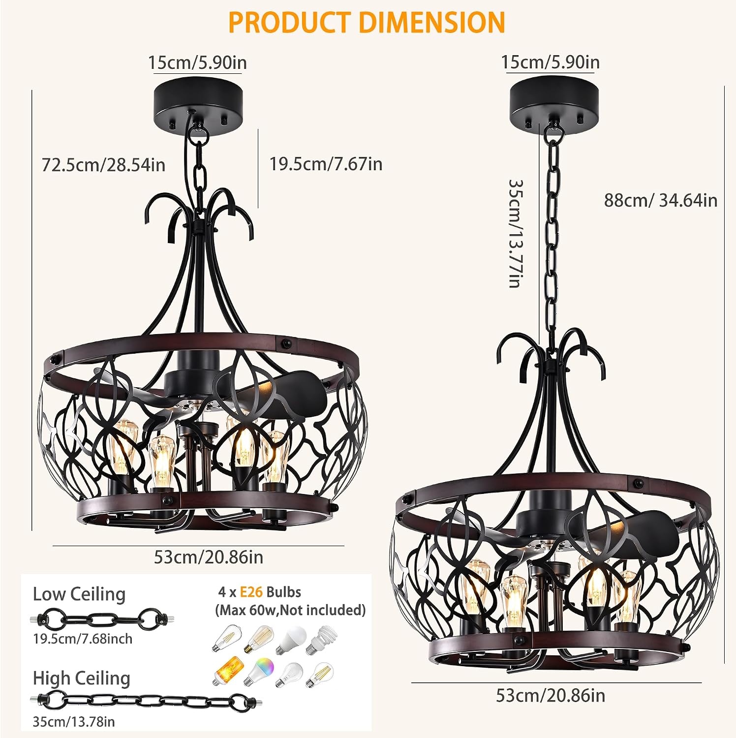 Garwarm 21 inch Ceiling Fans with Lights,Black Industrial Caged Flush Mount Ceiling Fans with Remote,Rustic Chandelier Ceiling Fan for Dining Room Bedroon Kitchen, 6 Speed Timing