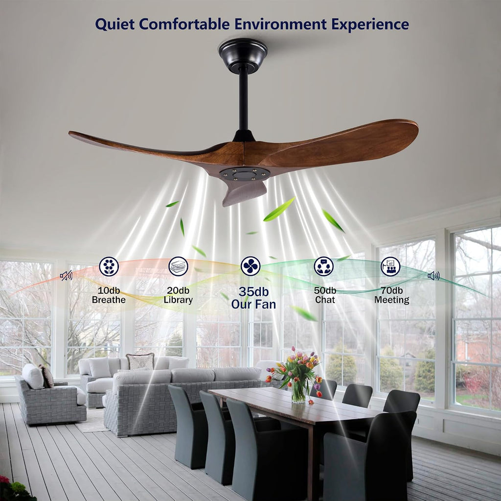 42' Solid Wood Ceiling Fan, Outdoor, 3 Blade, No Light, Walnut, for Patio Living Room Bedroom Porch, Remote Control, Water Resistant