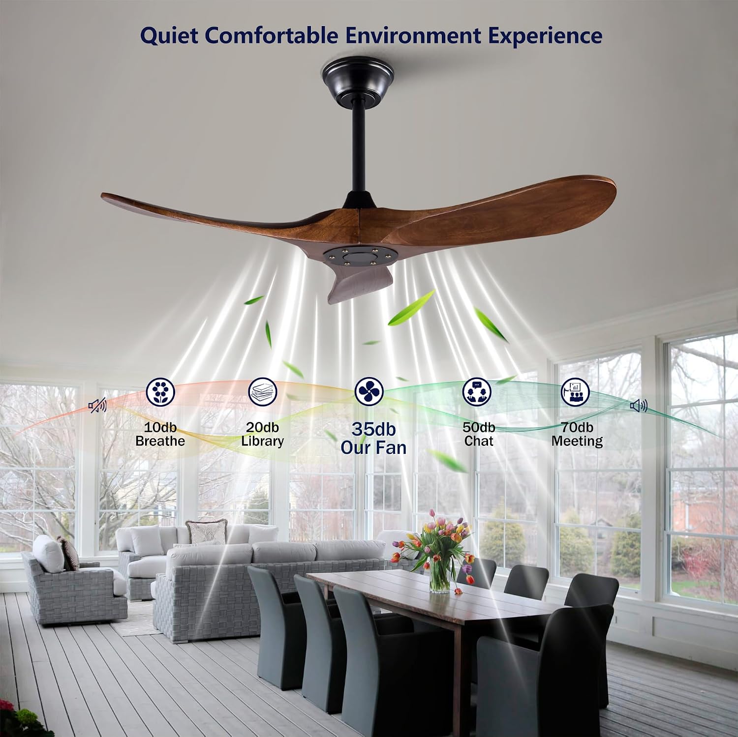 42' Solid Wood Ceiling Fan, Outdoor, 3 Blade, No Light, Walnut, for Patio Living Room Bedroom Porch, Remote Control, Water Resistant