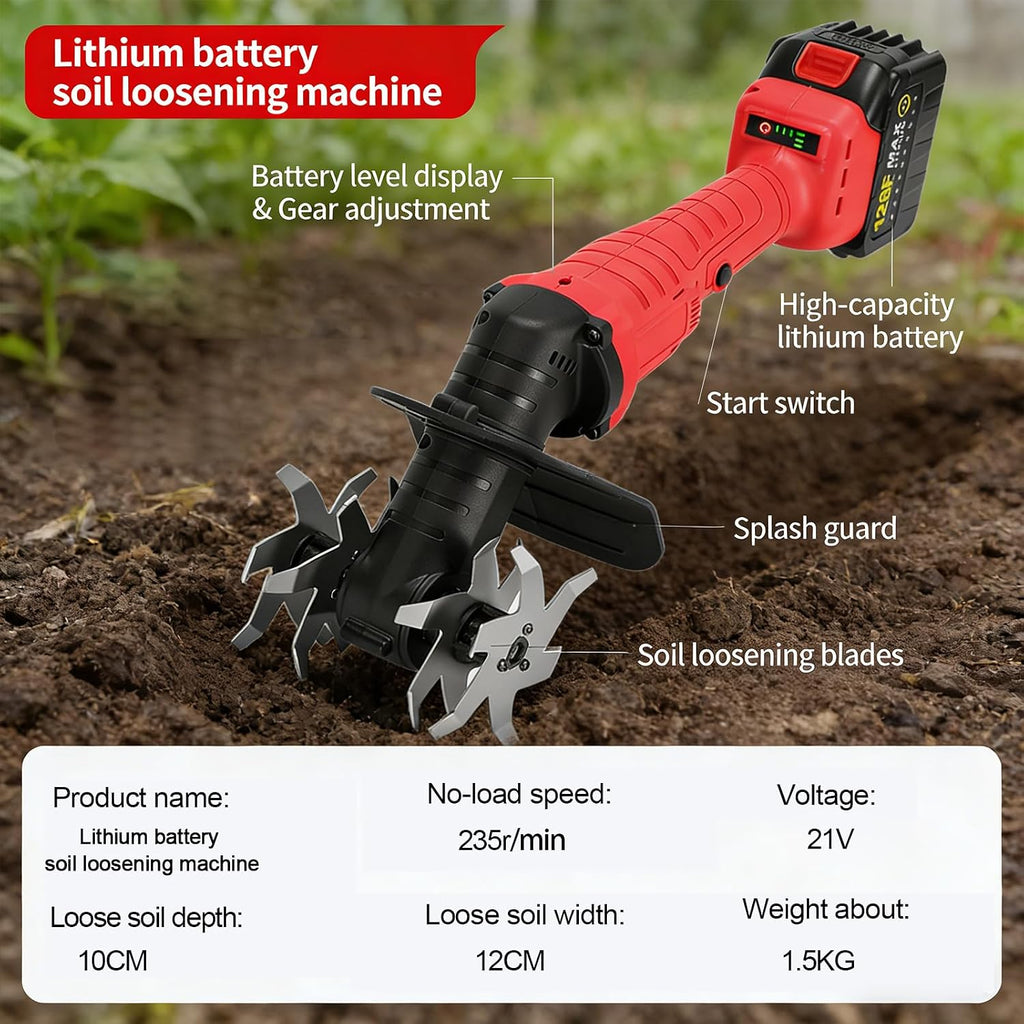 Cordless Garden Soil Tiller Cultivator, 21vHandheld Electric Tiller，Rapid Cultivation of Farmland，10cm Tilling Width,12cm Depth, 3-Speed Adjustment, for Loosening Weeding
