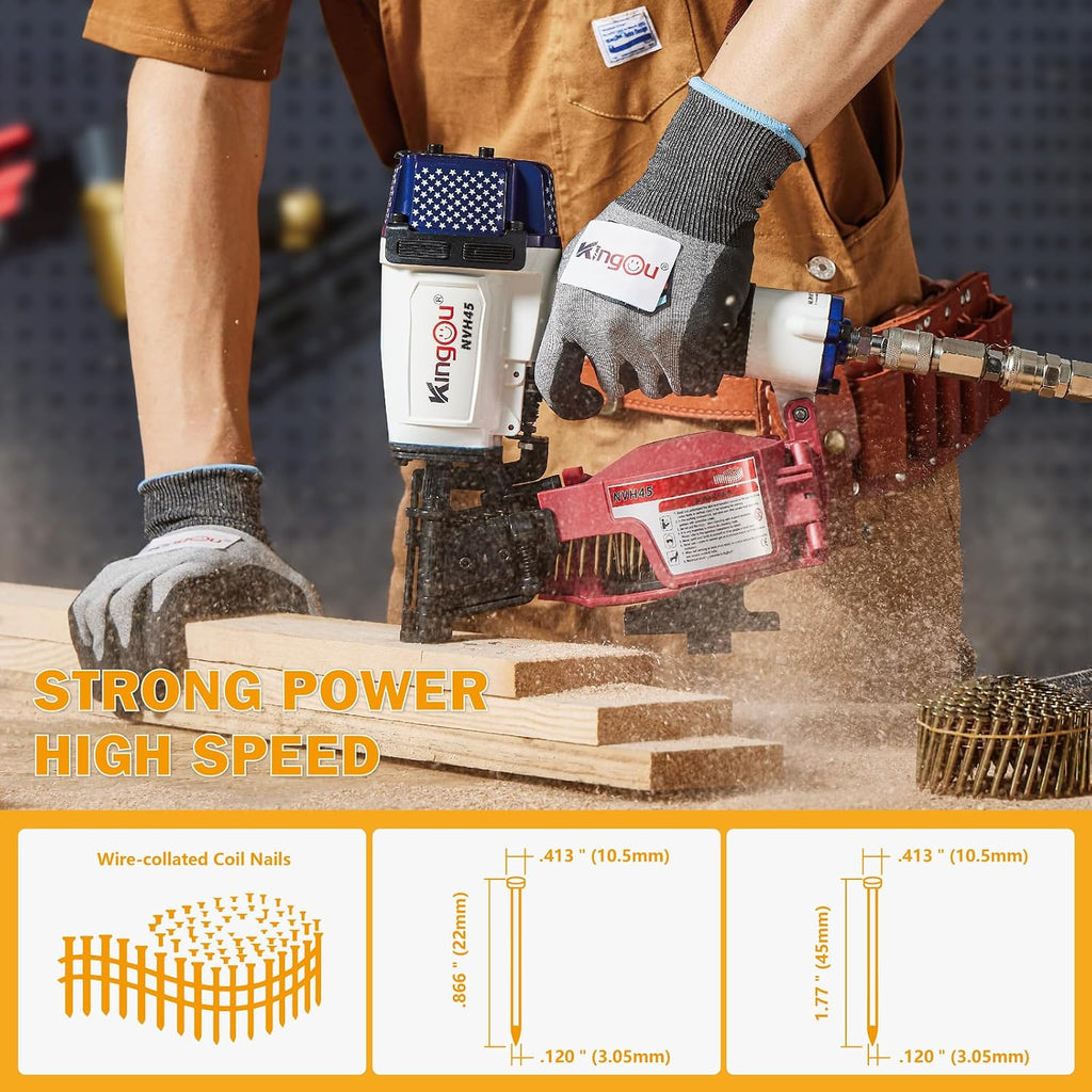 Kingou American Style NVH45 Roofing Nail Gun for Roofing Constructions Accepts 7/8-Inch to 1-3/4-Inch Nails 15 Degree With 3/8 NPT Air Connector 120-pcs Load Capacity Roofing Nailer
