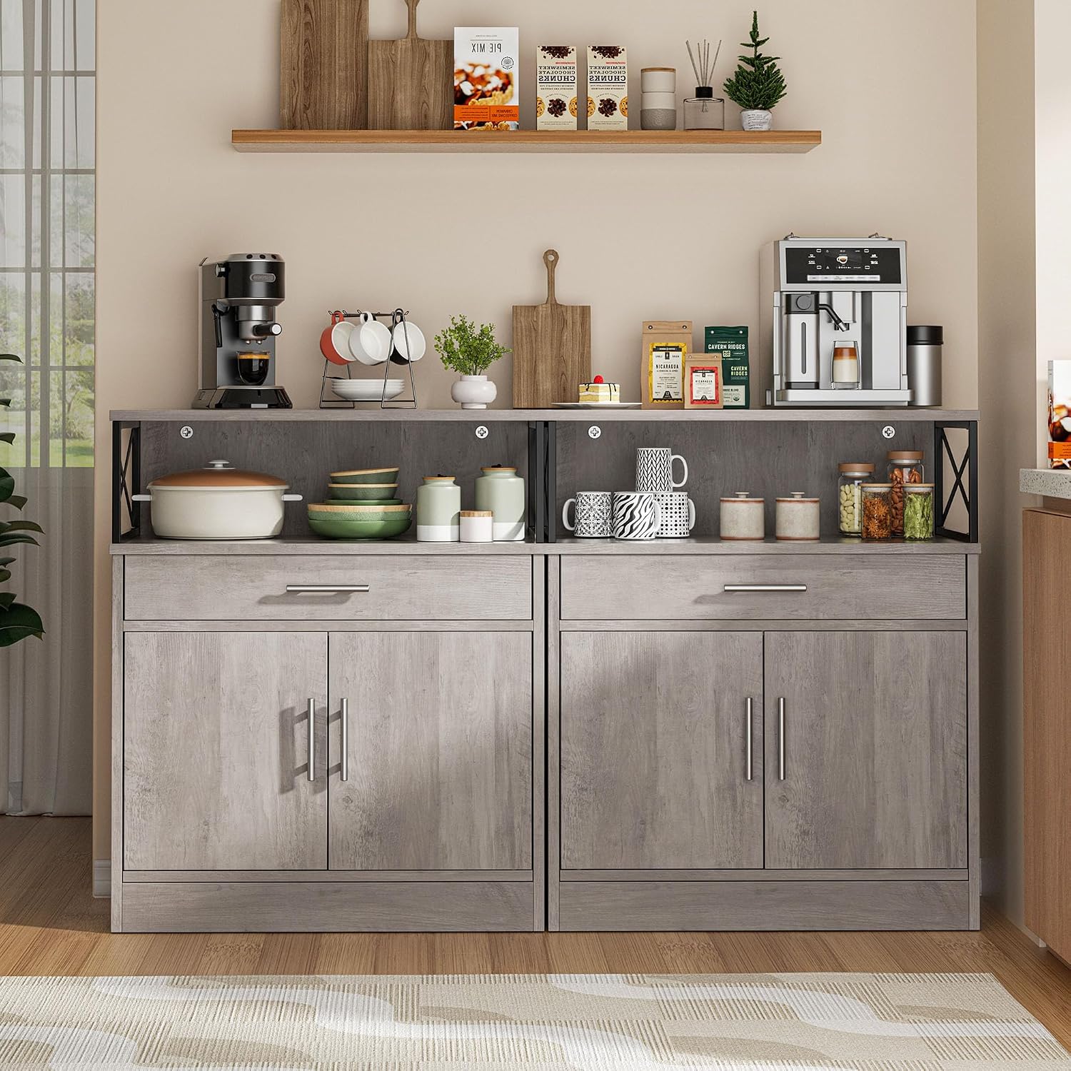 Shintenchi Kitchen Buffet Cabinet with Adjustable Shelf, Modern Kitchen Storage Cabinet,Farmhouse Coffee Bar Cabinet（Ash Grey）