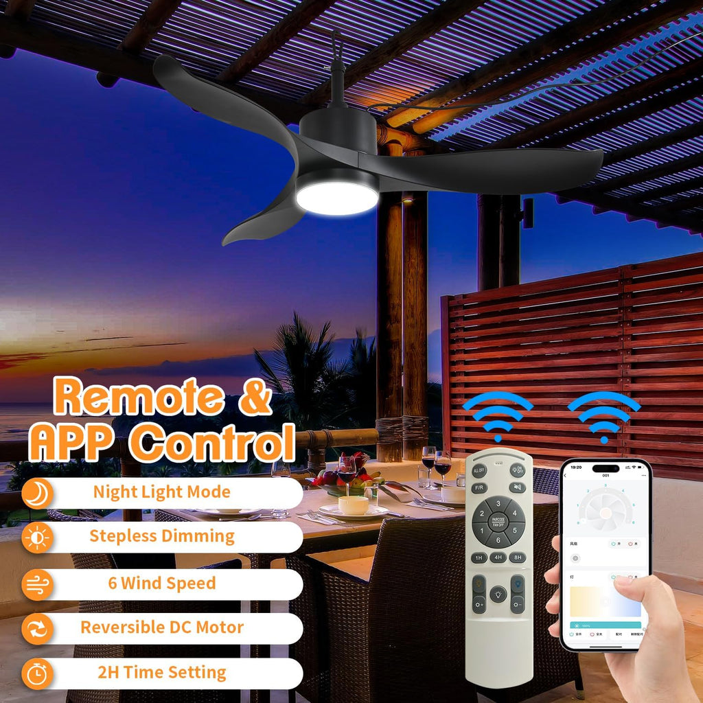 42 Inch Outdoor Ceiling Fan with Light, Plug In Waterproof Black Ceiling Fan for Patio Gazebo Pergola, Hanging Fan with Hook, Remote Control, 6-Speed Fan & Dimmable LED