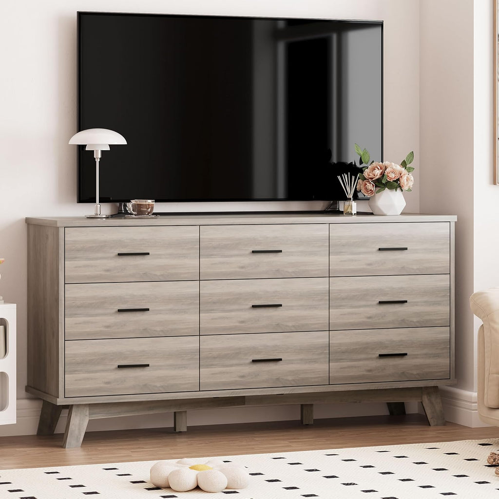 Xixini Dresser for Bedroom, 9 Drawer Wide Modern Chest of Drawers with X-Shaped Sturdy Base, Wood Double Dresser Closet Clothes Storage Organizer, Wooden TV Stand for Living Room, Hallway, Grey