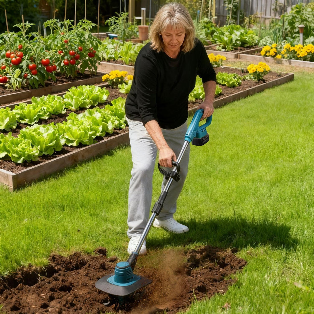 KOCASO 800W 21V Cordless Tiller Cultivator Powered Tiller with 8.66' Width 6.69' Depth Manganese Steel Tines for Soil Cultivation Weeding Gardening