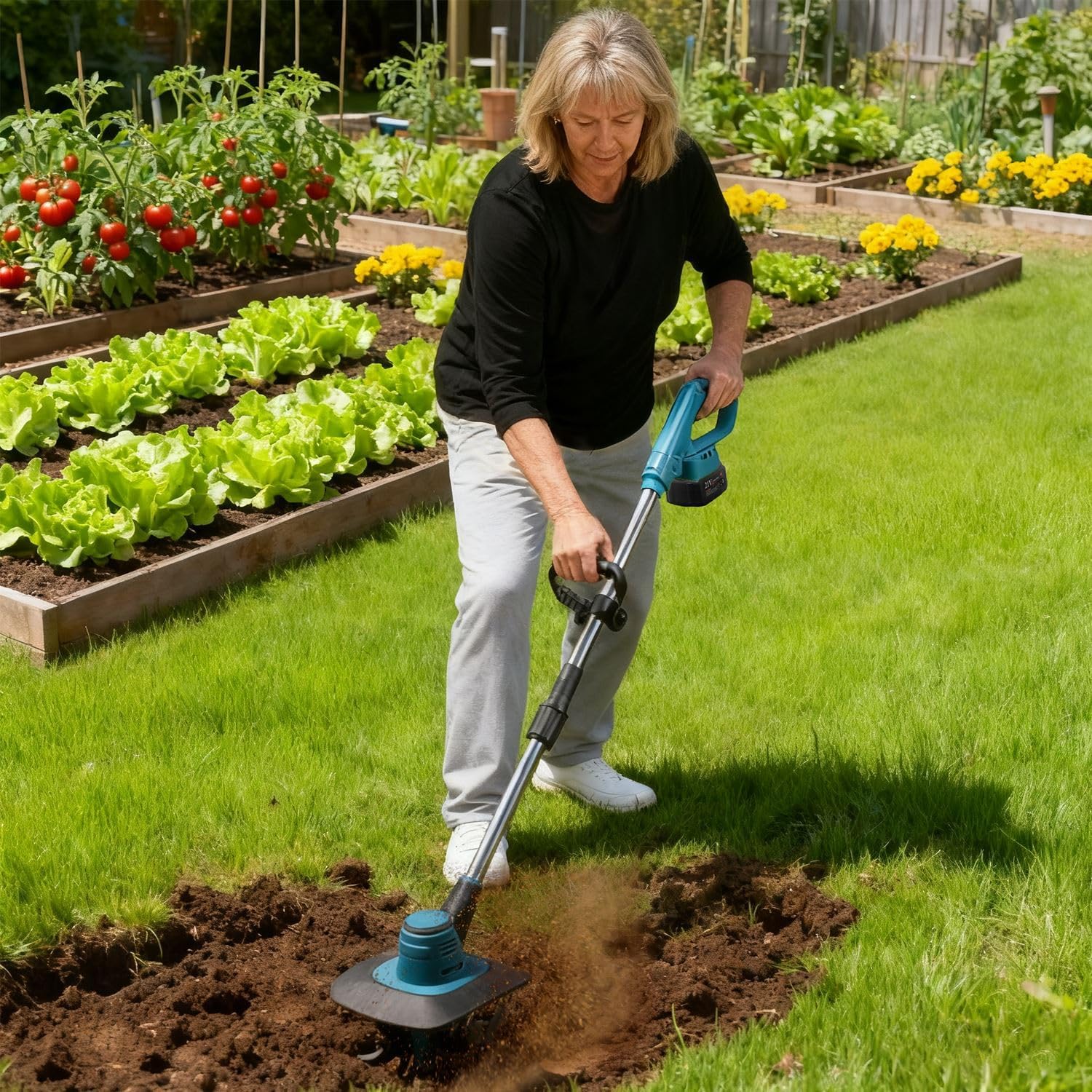 KOCASO 800W 21V Cordless Tiller Cultivator Powered Tiller with 8.66' Width 6.69' Depth Manganese Steel Tines for Soil Cultivation Weeding Gardening