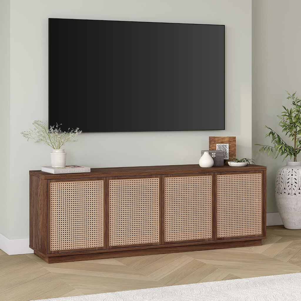 Henn&Hart 2-Tone TV Stand for TVs up to 78' with 2 Concealed Storage Cabinets, Rattan Insert Detailing, and Adjustable Shelves for Living Room, Family Room, or Office, Medium Walnut/Natural Rattan