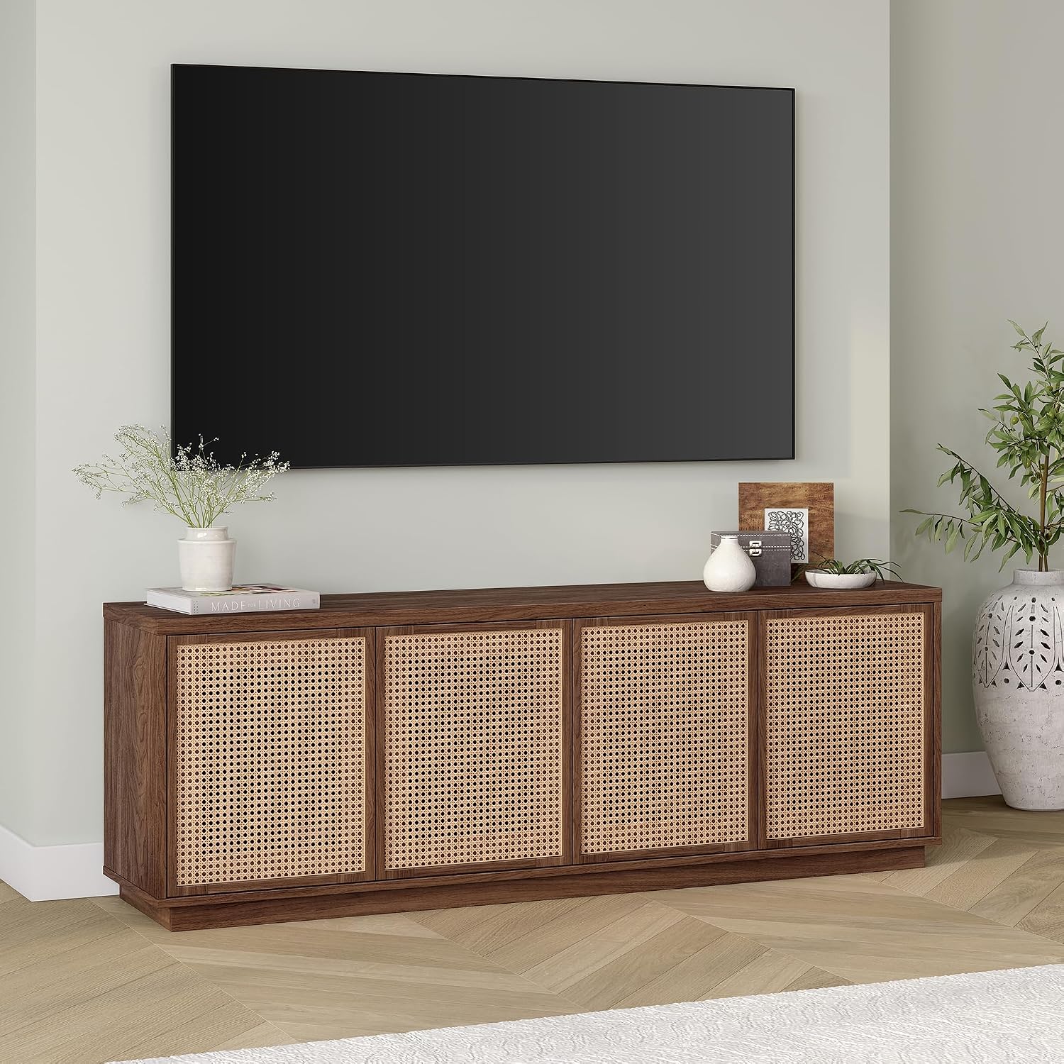 Henn&Hart 2-Tone TV Stand for TVs up to 78' with 2 Concealed Storage Cabinets, Rattan Insert Detailing, and Adjustable Shelves for Living Room, Family Room, or Office, Medium Walnut/Natural Rattan