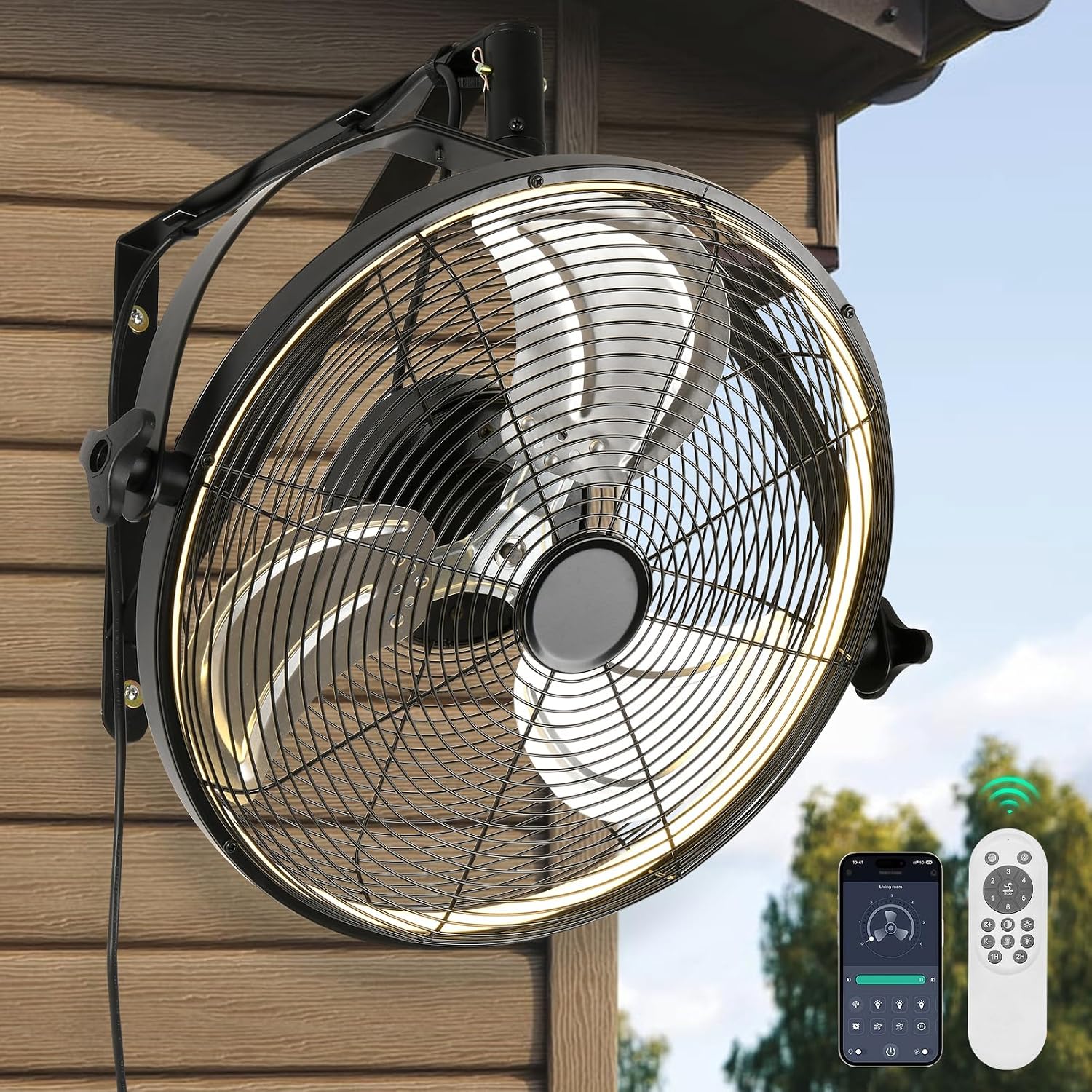 AHAWILL 16 Inch Wall Mount Fan with Lights,6-Speed High Velocity Wall Fan Dimmable Gazebo Fan,360°Adjustable Tilt Industrial Outdoor Fans for Patio,Garage,Workshop,Commercial,Black