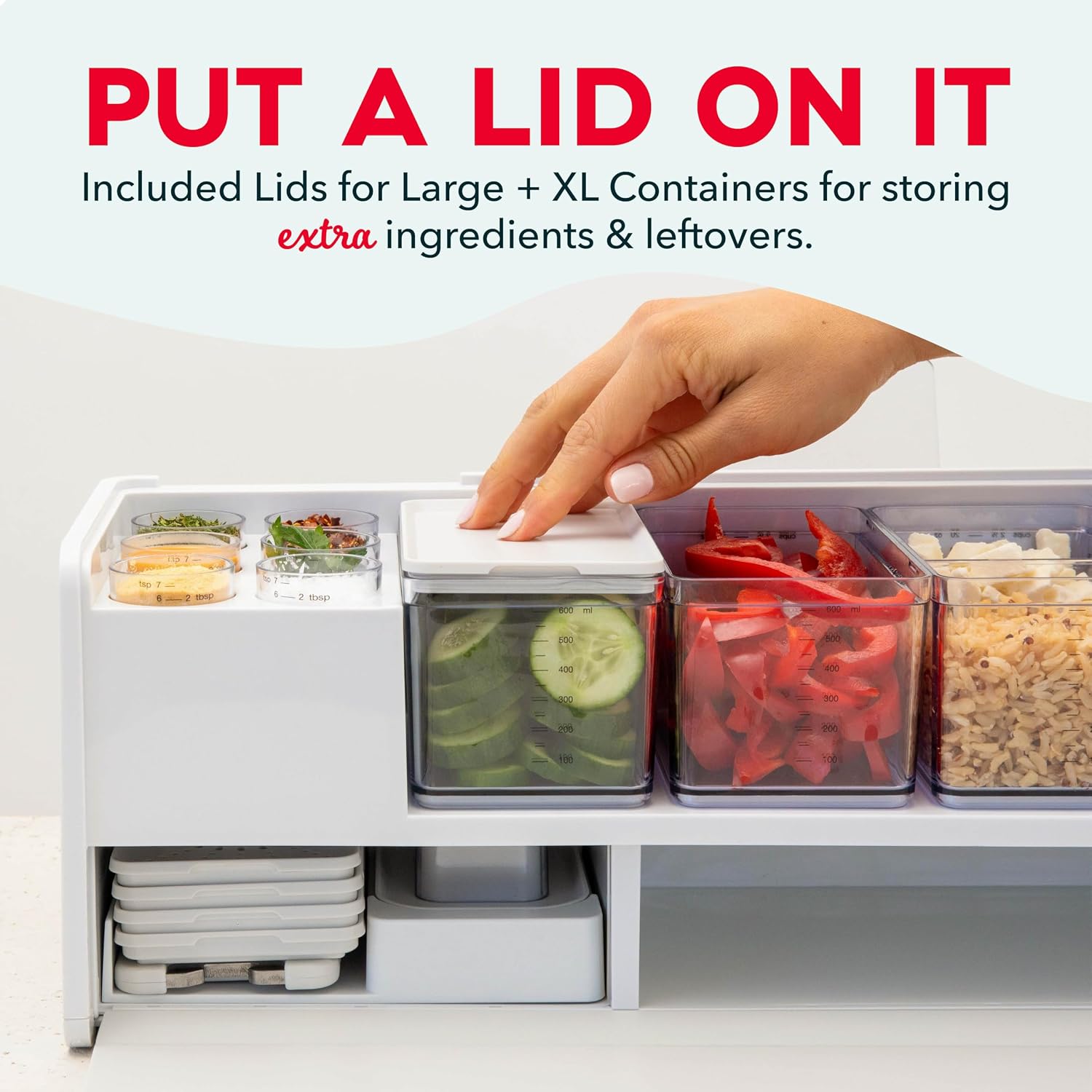 Prepdeck Gen 2 Recipe Prep & Storage Station - 8 Essential Tools + Deluxe Cutting Board, 14 Plastic Containers + Super-Seal Lids, Removable Trash Compartments, Tablet Stand Included - White Stone
