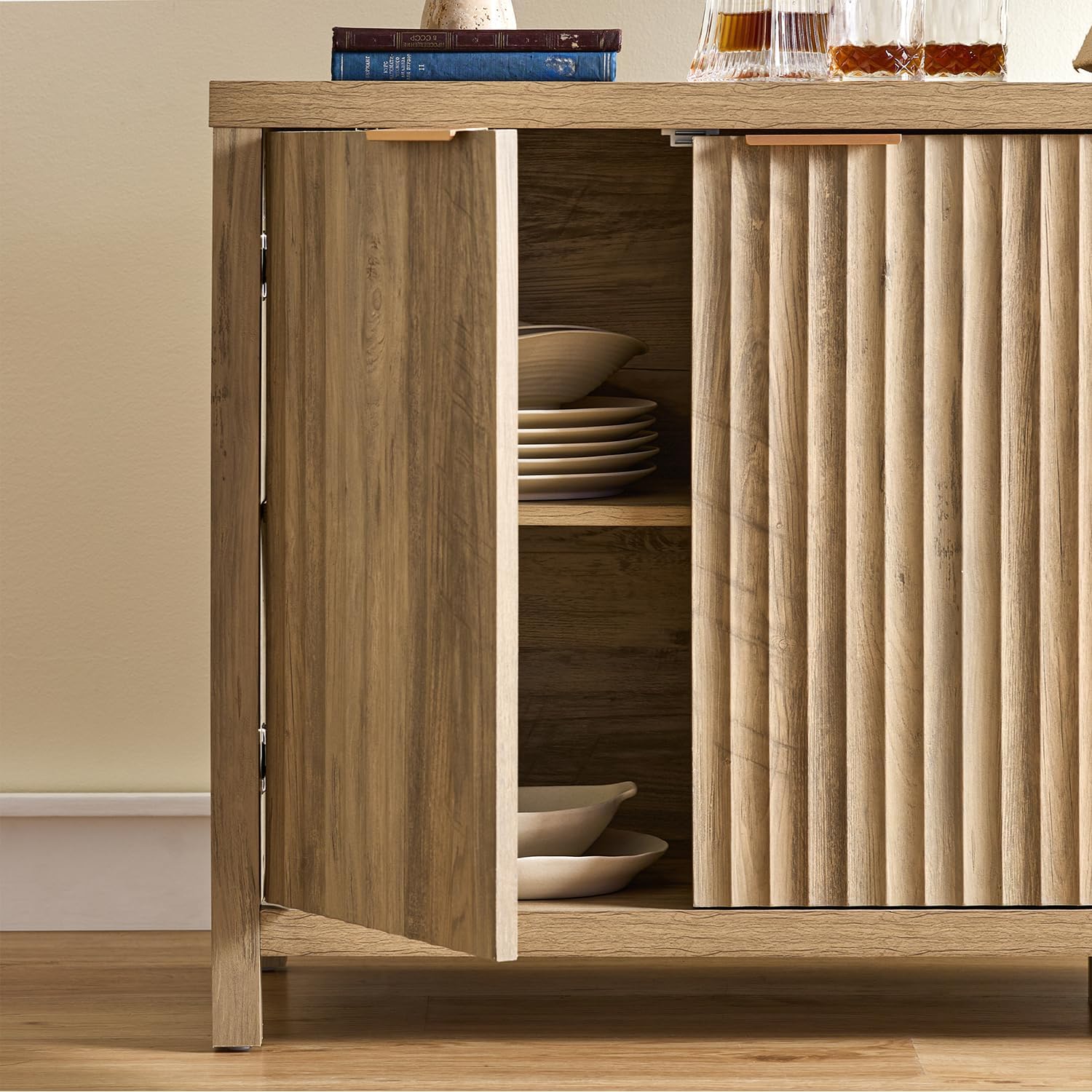 OAKHAM HOME Oxford Storage Cabinet Fluted Sideboard Buffet with Adjustable Shelves, Modern Accent Console Set of 2 (Golden Oak)