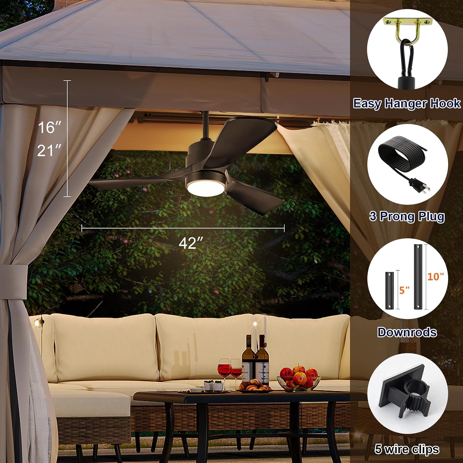 42' Gazebo Fans Outdoor Hanging with Remote Waterproof,Outdoor Ceiling Fan for Patios with Light, Plug in Cord Outlet Hook Wet Rated for Outside Porch, Pergola-Black