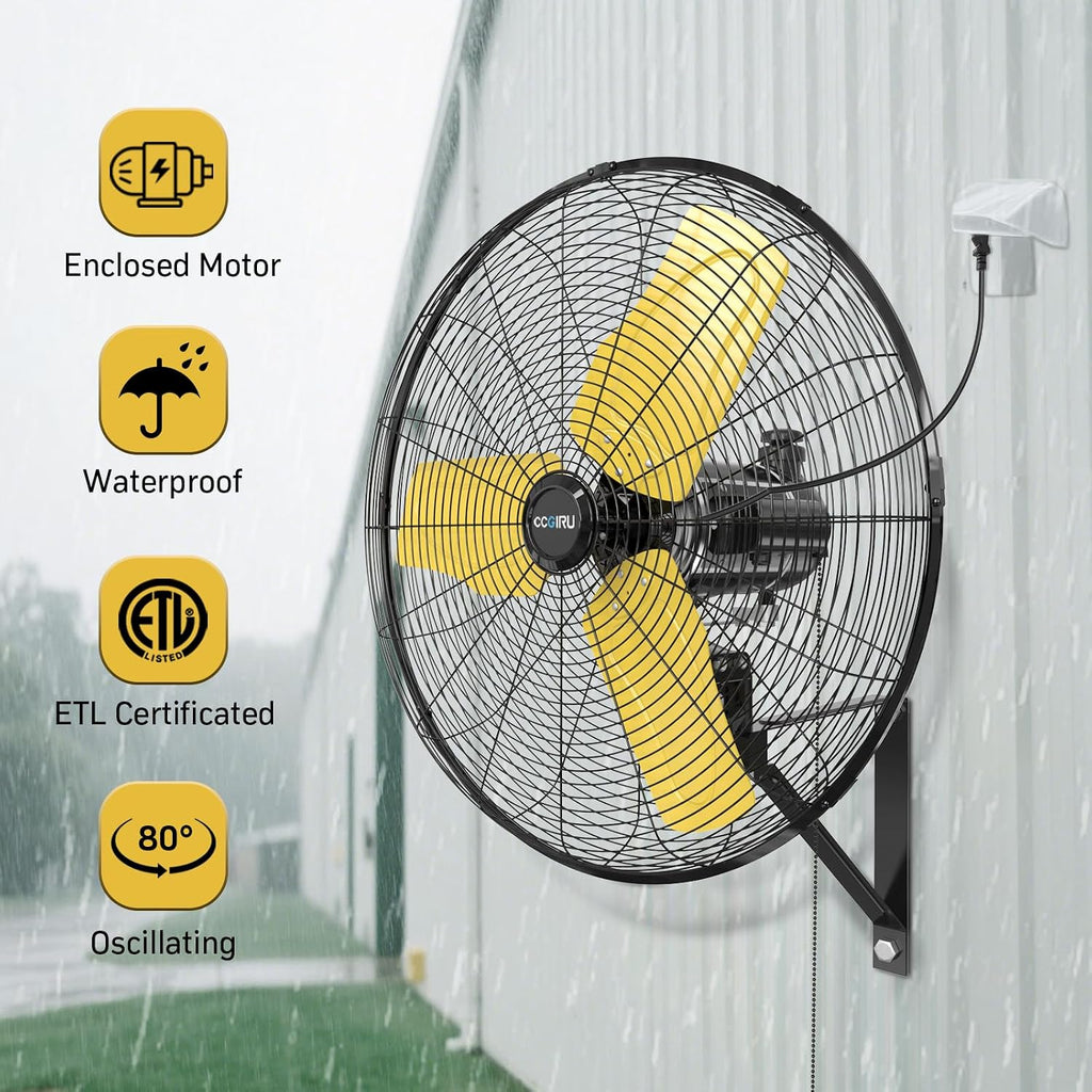 CCGIRU 8800 CFM 26' Outdoor Commercial Wall Fan Oscillating, IP44 Waterproof Wall Mount Fan, Heavy Duty, 3 Speed, Adjustable Tilt for Factory, Warehouse, Garage, ETL Listed