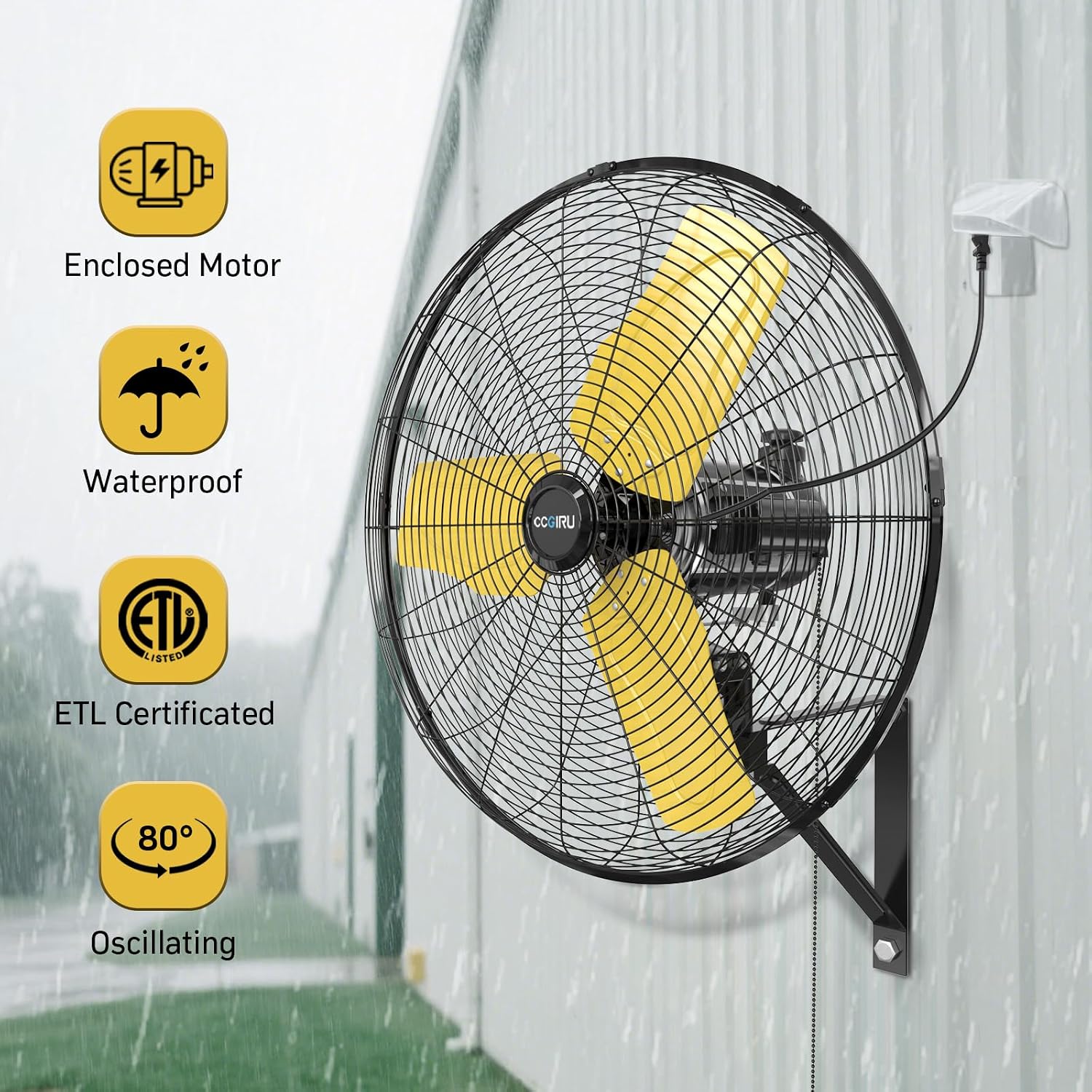 CCGIRU 8800 CFM 26' Outdoor Commercial Wall Fan Oscillating, IP44 Waterproof Wall Mount Fan, Heavy Duty, 3 Speed, Adjustable Tilt for Factory, Warehouse, Garage, ETL Listed