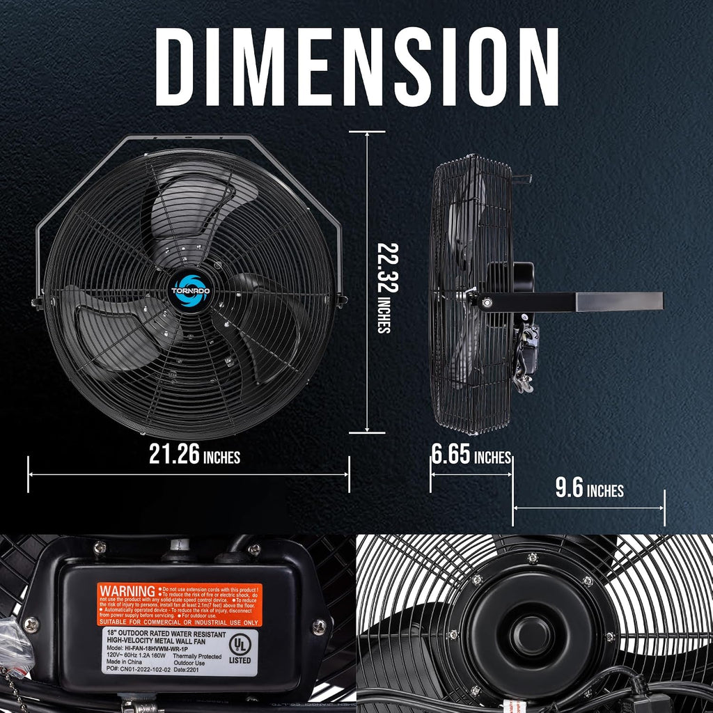 Tornado 2 Pack 18 Inch Outdoor Rated IPX4 Water-Resistant High Velocity Industrial Wall Mount Fan For Commercial, Industrial, Greenhouse Use 3 Speed 4150 CFM 1/6 HP 6.6 FT Cord UL Safety Listed
