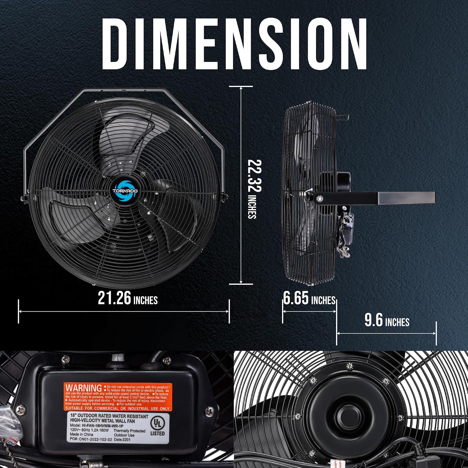Tornado 2 Pack 18 Inch Outdoor Rated IPX4 Water-Resistant High Velocity Industrial Wall Mount Fan For Commercial, Industrial, Greenhouse Use 3 Speed 4150 CFM 1/6 HP 6.6 FT Cord UL Safety Listed