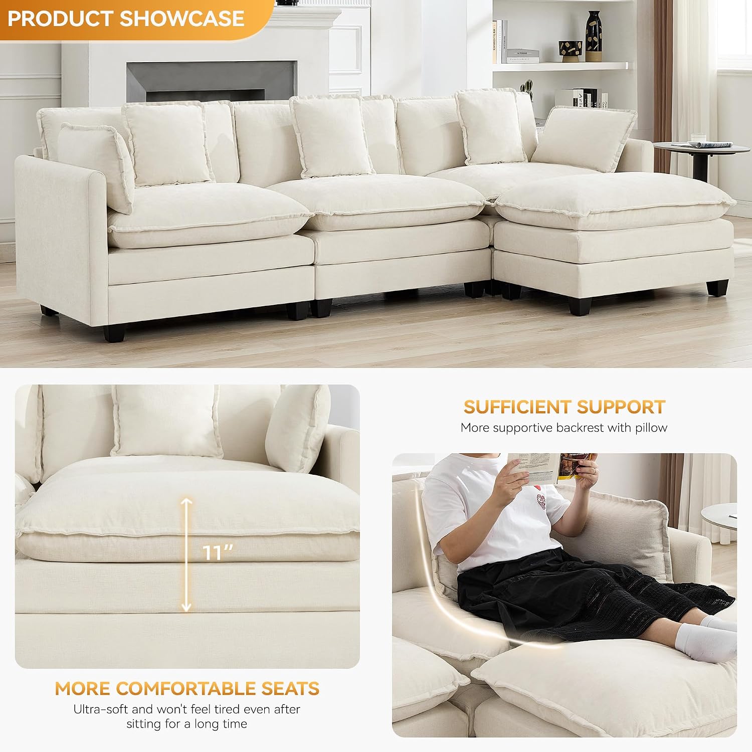 111'' Sectional Cloud Deep Seat Couch, Modern Comfy Chenille L Shaped Sectional Sofa for Living Room Set, Upholstered Modular 4-Seats Sofa Couch with Movable Ottoman, Beige