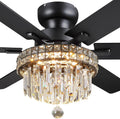 Asyko Chandelier Ceiling Fan -52' Crystal Ceiling Fan- Fandelier Fan Light Black with Remote, Reversible Motor, Dual-Sided 6 Blades, 3 Speed, Timer, Indoor Outdoor Fans, Living Room, Dining Room