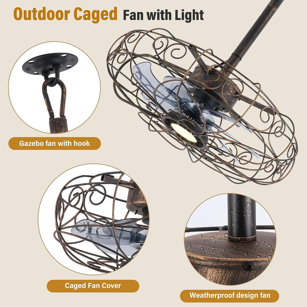 Outdoor Ceiling Fan for Gazebo 20',IP65 Waterproof Plug in Ceiling Fans with Lights and Remote/APP,3CCT 6-Speed Hanging Fan for Patios Porch Pergola(Bronze)