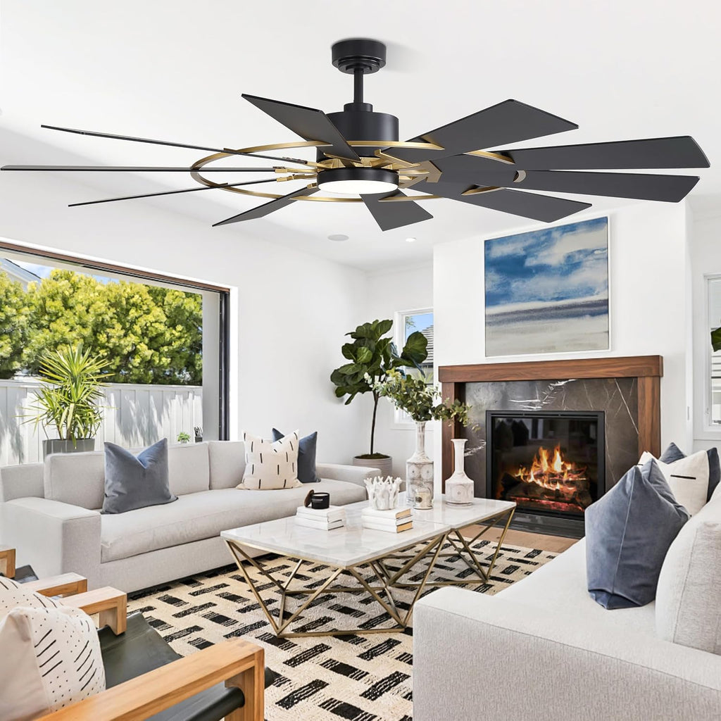 WINGBO 72' Windmill Ceiling Fan with Lights, 3 Downrod, 6-Speed Reversible DC Motor, 3CCT, 10 Blade Indoor Farmhouse DC Ceiling Fans for Kitchen Bedroom Living Room Patio, Aged Brass and Black