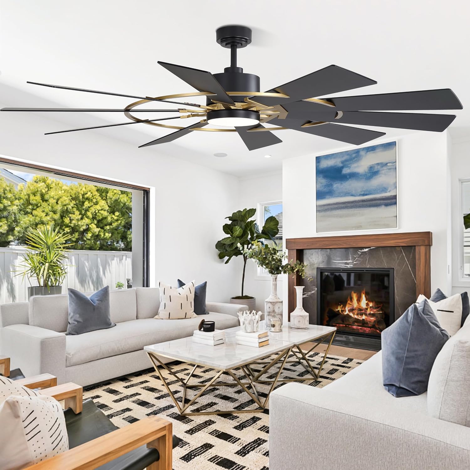 WINGBO 72' Windmill Ceiling Fan with Lights, 3 Downrod, 6-Speed Reversible DC Motor, 3CCT, 10 Blade Indoor Farmhouse DC Ceiling Fans for Kitchen Bedroom Living Room Patio, Aged Brass and Black
