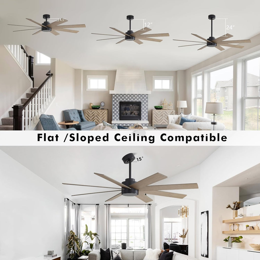 WINGBO 60' Large DC Ceiling Fans without Lights, 3 Downrods, 8 Plywood Blades, 6-Speeds Reversible DC Motor, Indoor Ceiling Fan No Lights for Bedroom Living Room Patio, Black and Gray