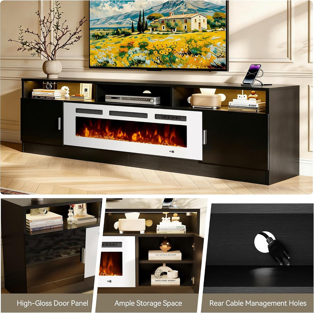 80' Fireplace TV Stand with Power Outlet, Electric Fireplace Entertainment Center with Storage Cabinets, Fits TVs up to 90', TV Console with LED Lights for Living Room, Office, Black-White
