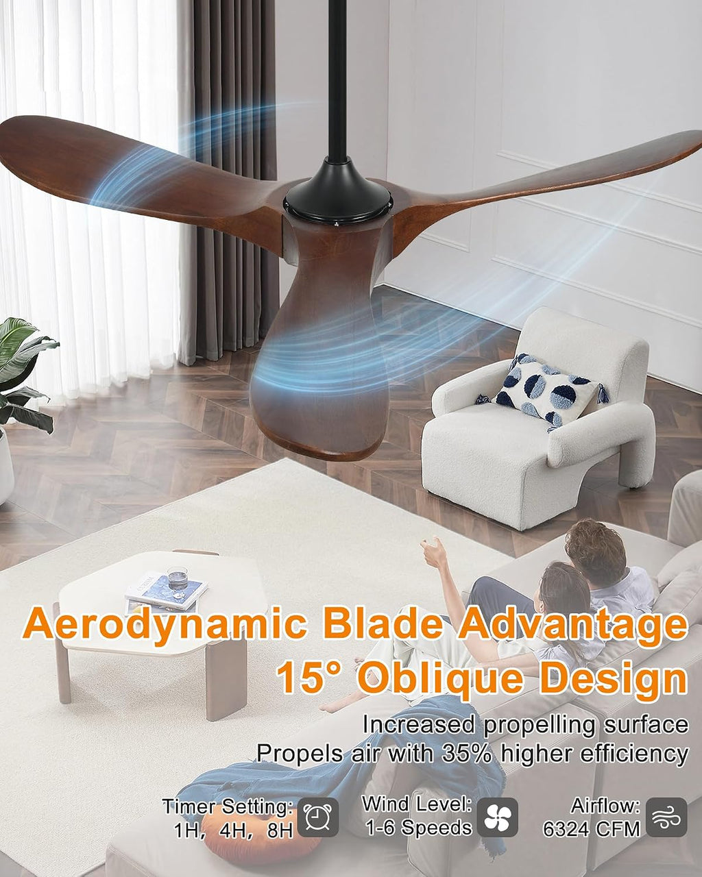 52 Inch Outdoor Ceiling Fan without Light, Smart Wood Ceiling Fan with Remote Control & Alexa/Google, 3 Blades High CFM for Patios Farmhouse Red Walnut