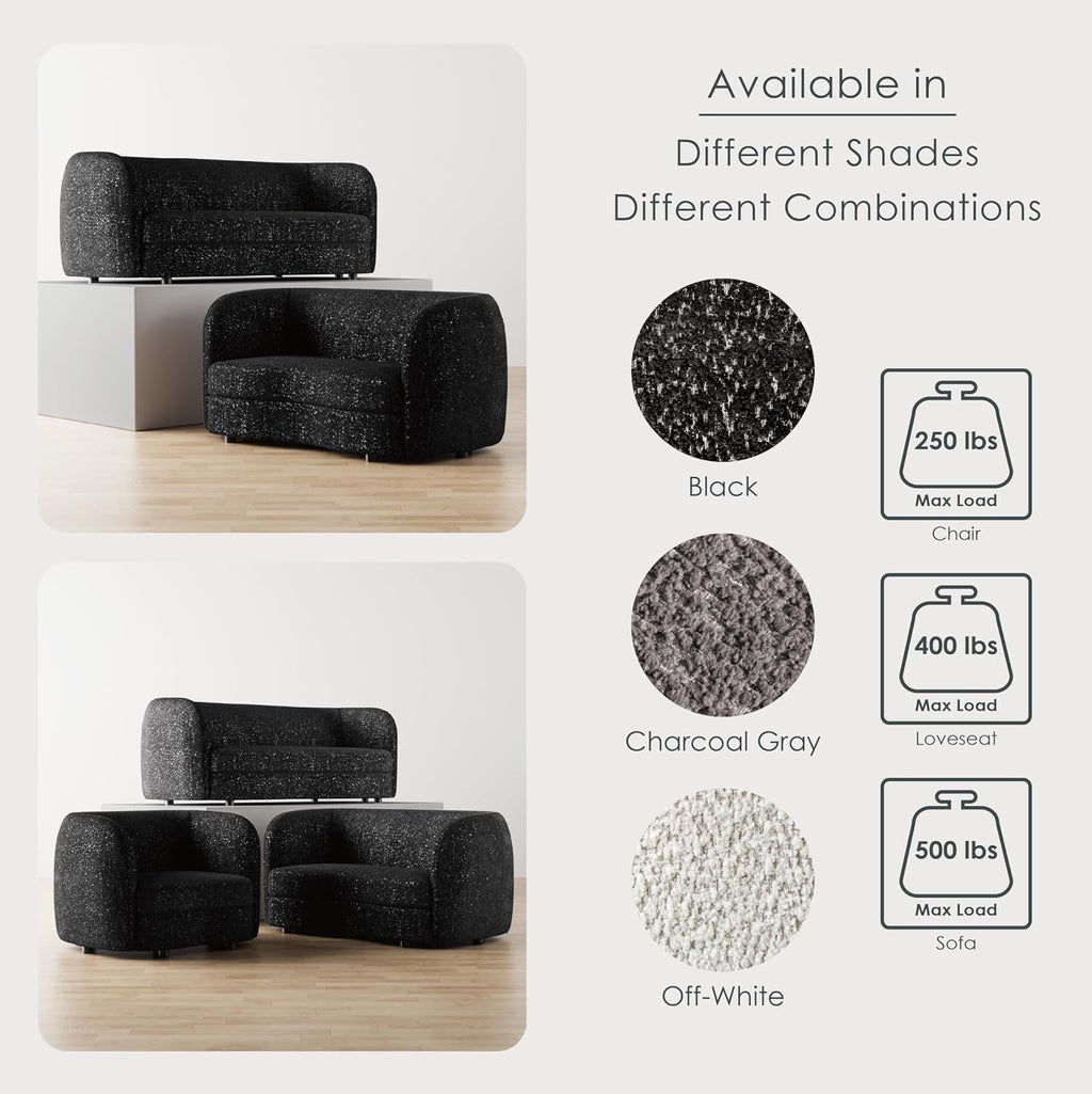 Furniture of America Nimiane Modern Boucle 3 Piece Sofa Set with Curved Arms and Wooden Legs, Accent Furniture Sets for Living Room, Home Office, Bedroom, Lounge, Black