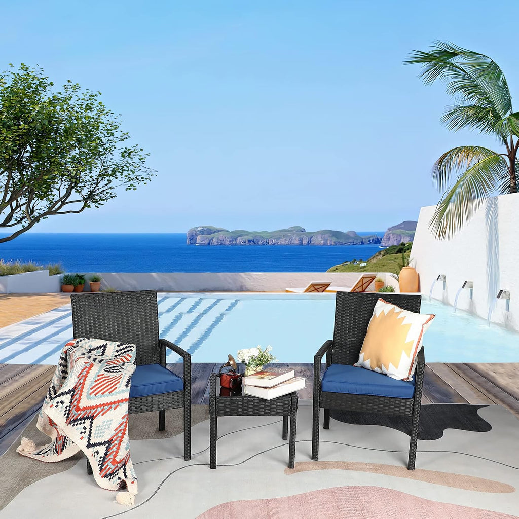 3 Piece Outdoor Patio Furniture Sets, Rattan Conversation Set with Soft Cushion, Wicker Chairs with Coffee Table for Yard Backyard Lawn Porch Poolside Balcony, Blue