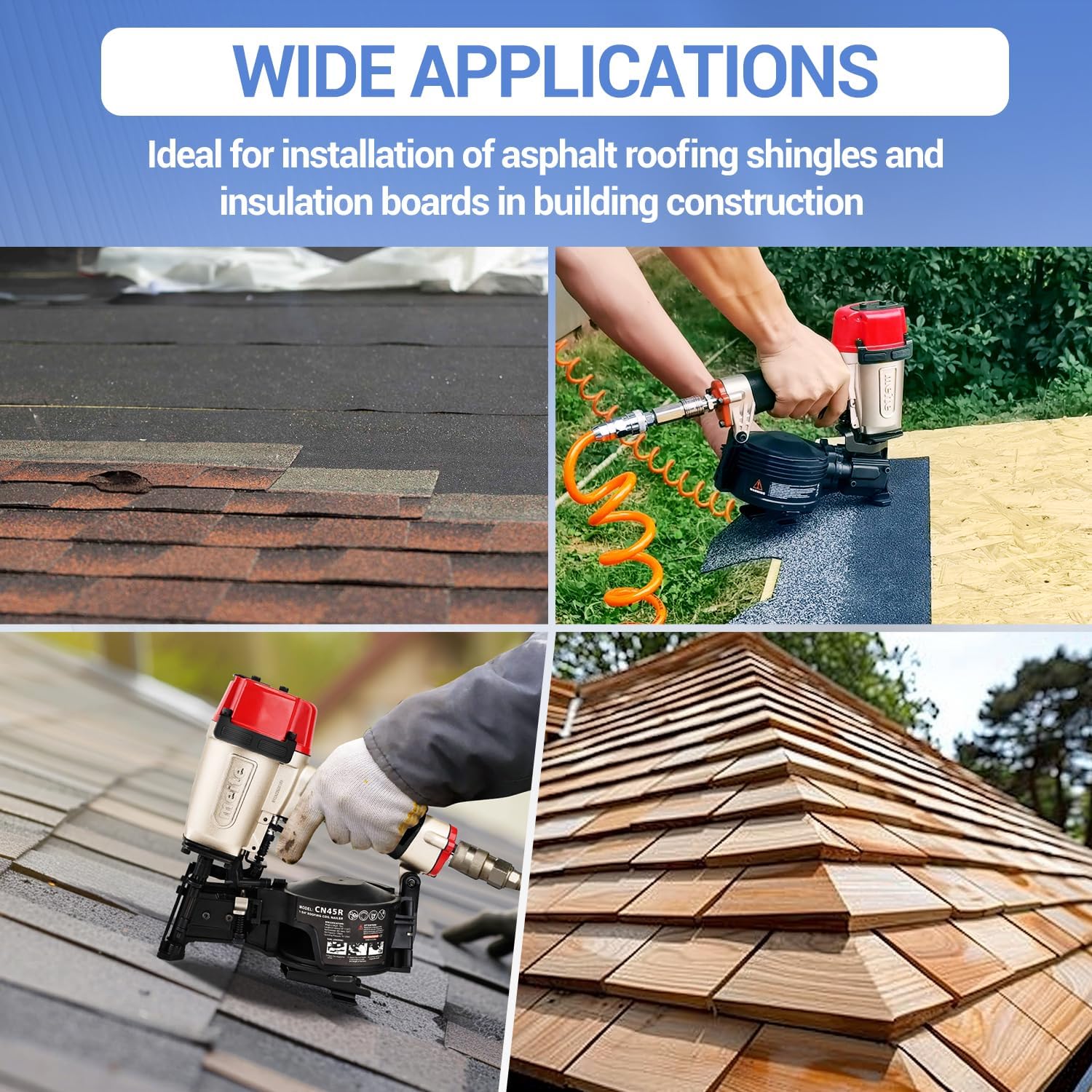 meite CN45R Roofing Nailer 15 Degree Coil Roofing Nail Gun, Pneumatic Nail Gun Accepts 7/8' to 1-3/4' Coil Roofing Nails, Roofing Nailer with 120 Nail Magazine for Asphalt Shingles Decking Sheathing