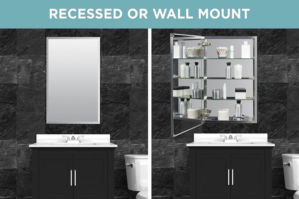 Zenna Home Bathroom Medicine Cabinet with Mirror, Frameless Bathroom Wall Cabinet with Rustproof Aluminum Body, 3 Adjustable Glass Shelves, Recessed or Surface Wall Mount Installation, 15 x 26 Inches