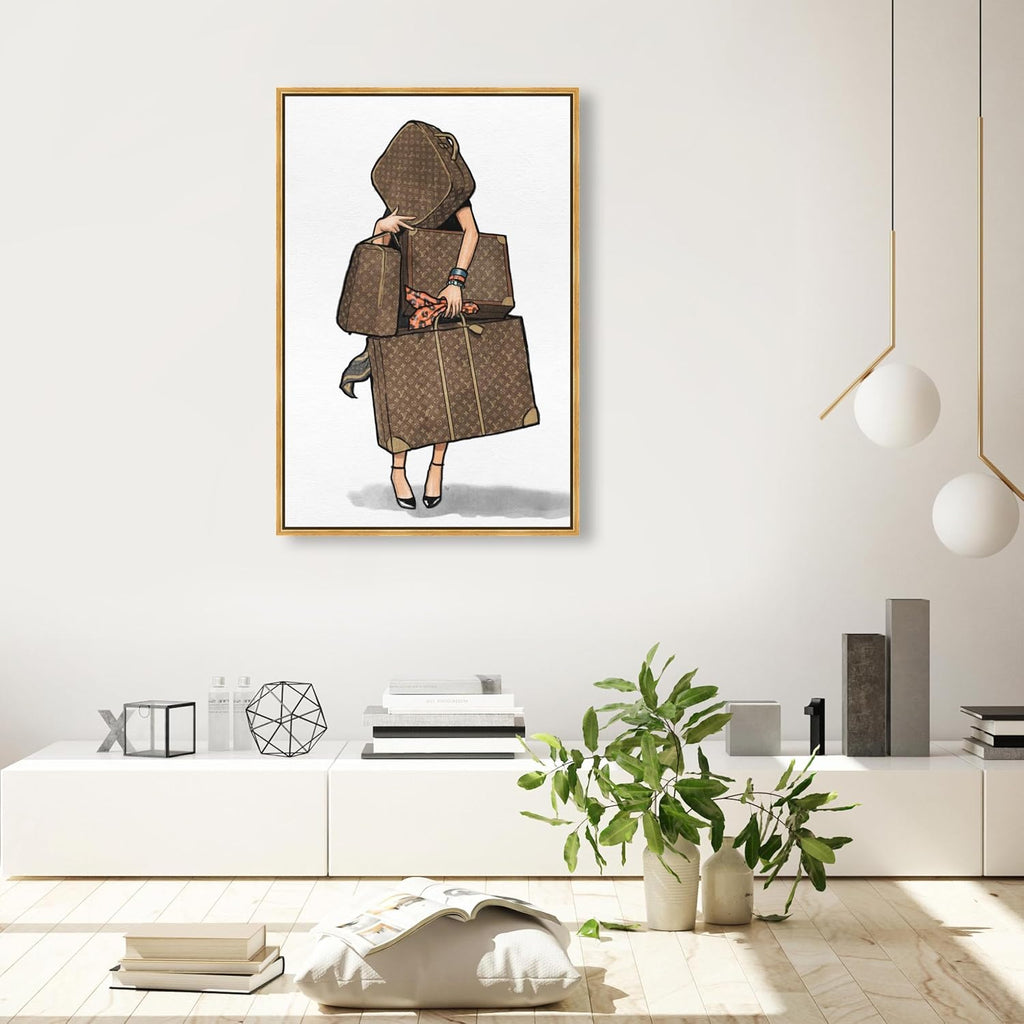 The Oliver Gal Artist Co. Fashion and Glam Framed Wall Art Canvas Prints, Bags-Orange' Travel Essentials Home Décor, 24 in x 36 in, Brown, White