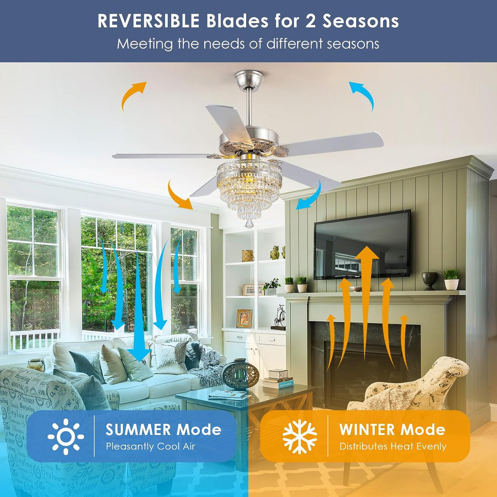 Asyko Crystal Ceiling Fan Fandelier with Lights and Remote Control，52' Modern Silver Chandelier Ceiling Fans with Reversible Blades, Silent Motor，Fandelier Ceiling Fan with Light Chrome
