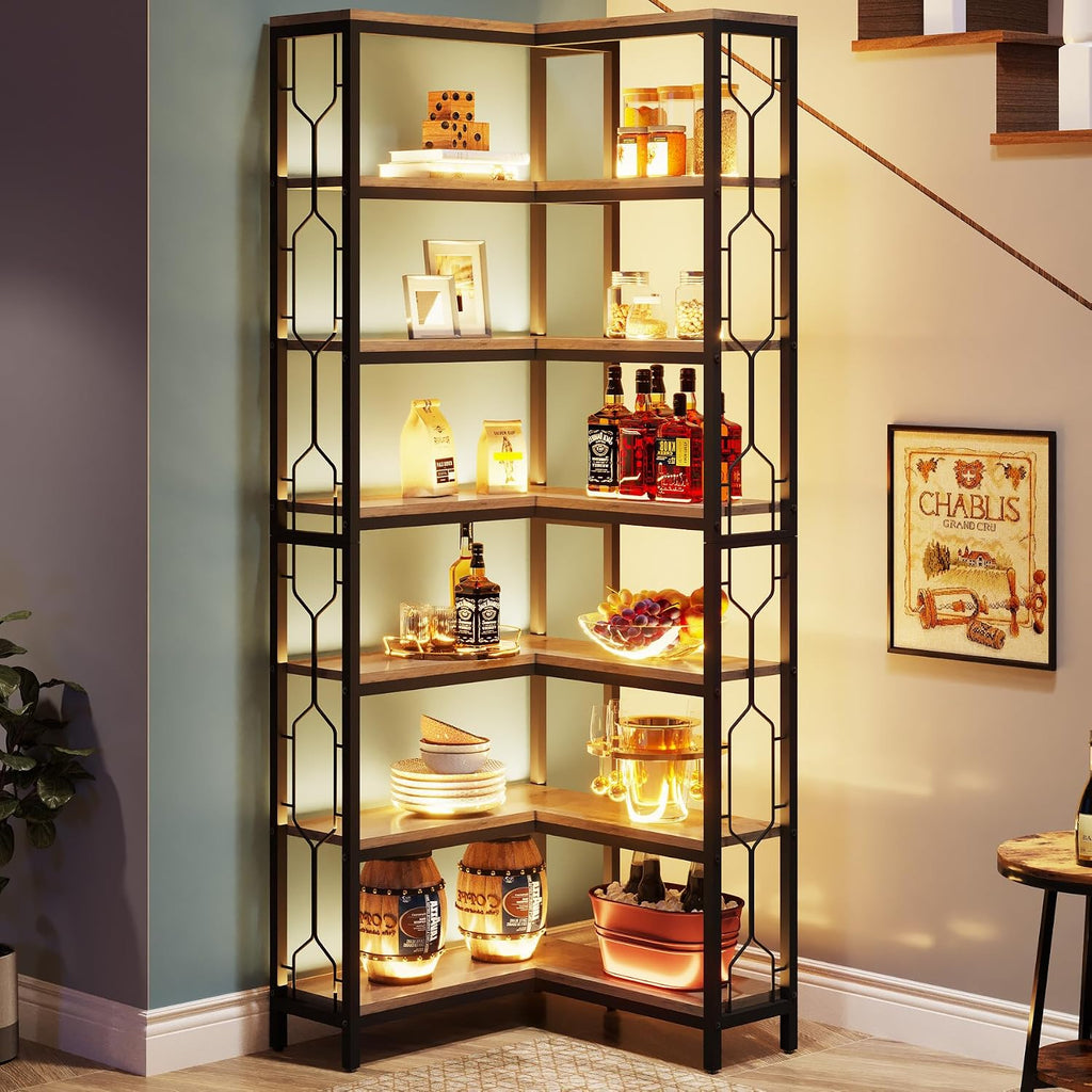 LITTLE TREE Corner Shelf, 7-Tier Industrial Corner Bookshelf, Wood and Metal Corner Etagere Bookcase, Freestanding Display Shelf for Living Room, Kitchen, Home Office, Grey