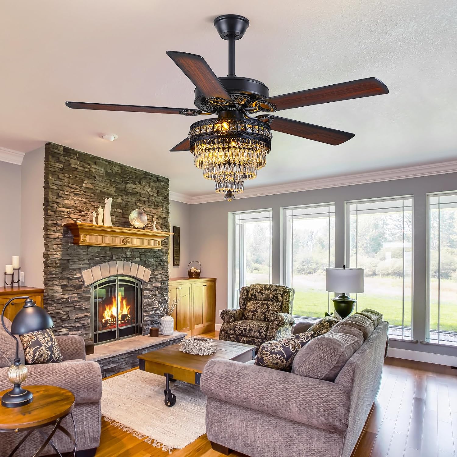 Asyko 50' Crystal Ceiling Fan Fandelier with Lights - Modern Black Chandelier Fans with Remote Control，Noiseless AC Motor, Retro/Farmhouse Lighting, Dining Room，Living Room