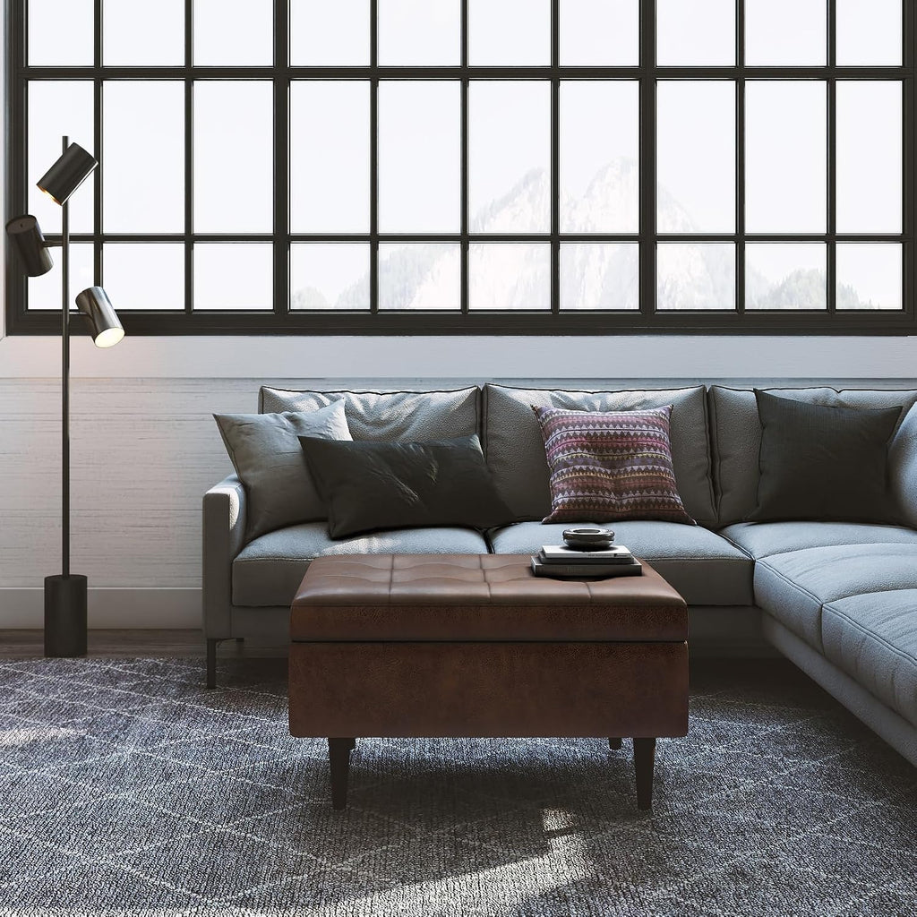 SIMPLIHOME Shay Coffee Table Storage Ottoman - 34 inch Wide Upholstered Vegan Leather Small Rectangle Ottoman in Distressed Chestnut Brown, Mid-Century Modern Tufted Ottoman for Entryway with Lift Top