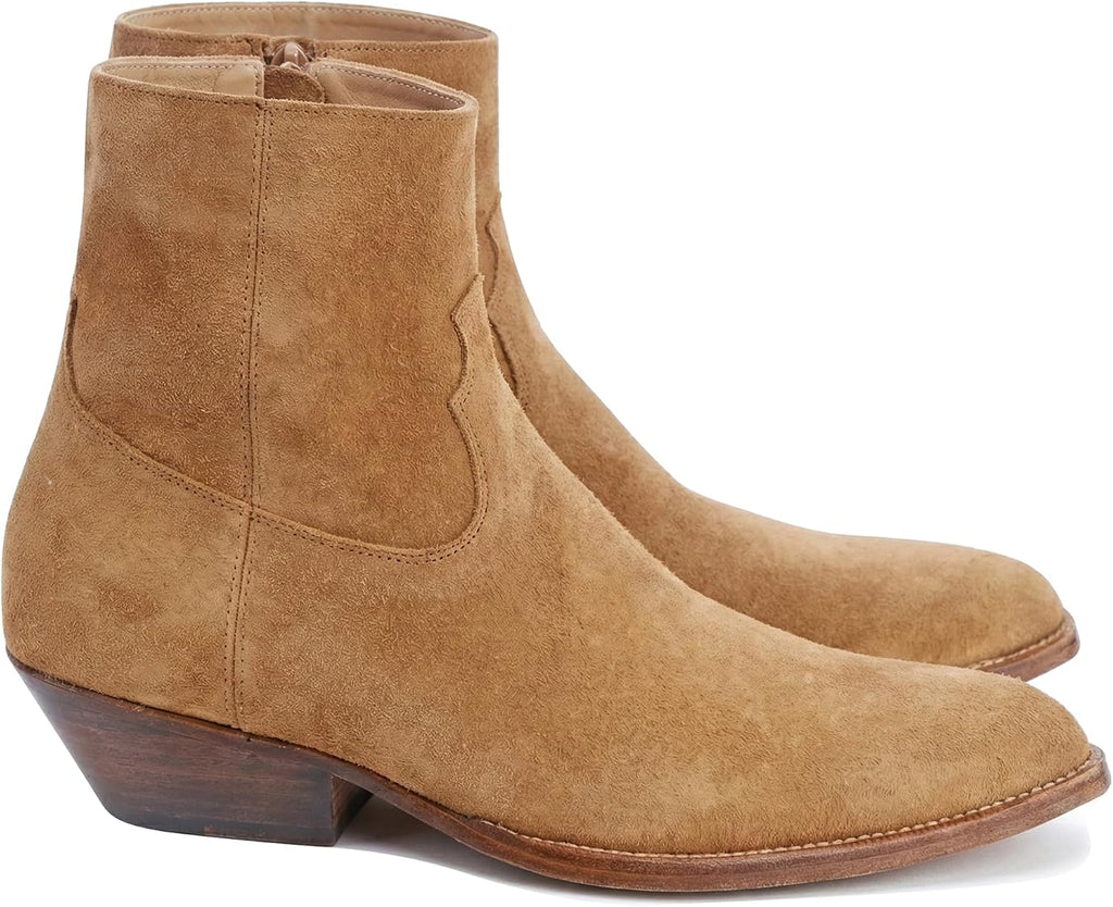 Santimon Men's Top-Grain Leather Western Ankle Chelsea Boots – Suede & Leather Dress Boots with Low Cuban Heel & Side Zip for Casual, Party, Rodeo,Disco & Everyday Wear