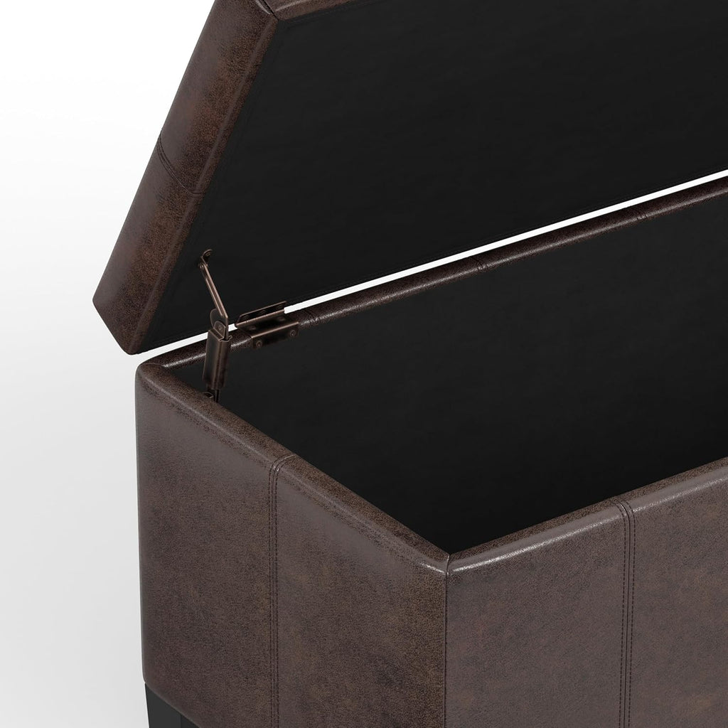 SIMPLIHOME Dover Storage Ottoman Bench - 36 inch Wide Upholstered Vegan Leather Rectangular Lift-Top Ottoman in Distressed Brown, Contemporary Bench for Living Room with Safety Hinges