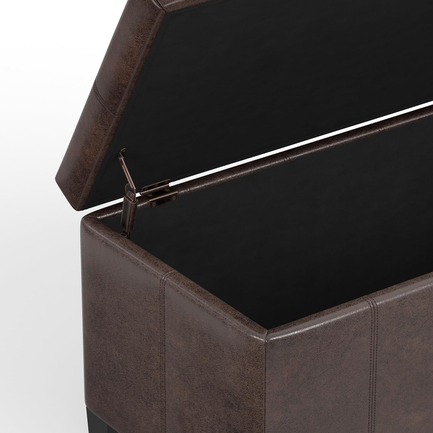 SIMPLIHOME Dover Storage Ottoman Bench - 36 inch Wide Upholstered Vegan Leather Rectangular Lift-Top Ottoman in Distressed Brown, Contemporary Bench for Living Room with Safety Hinges