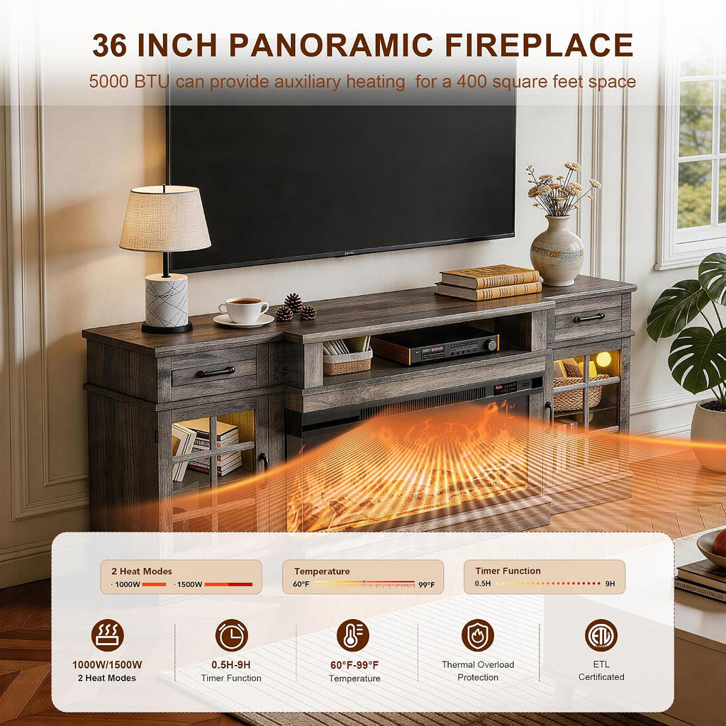 MXV 80' Fireplace TV Stand, 3-Sided Glass Fireplace and Modern Entertainment Center, Wooden Media Console with Glass Doors & Storage Drawers, LED Light, for Living Room, Grey