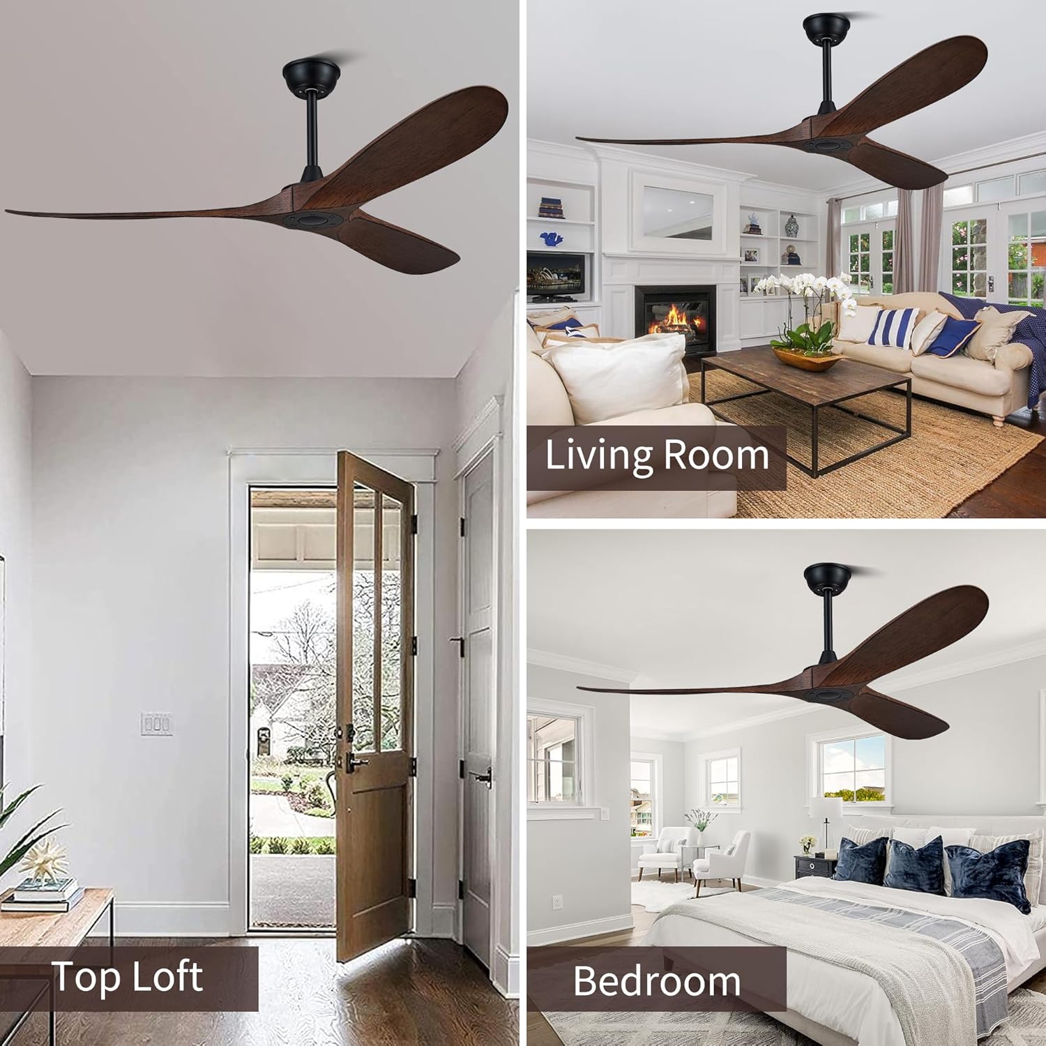 52'' Outdoor ceiling Fan without light,Ceiling Fan no Light with Remote Control,3 Plastic Dark Walnut Blades for Outdoor Porch,Garage,Bedroom